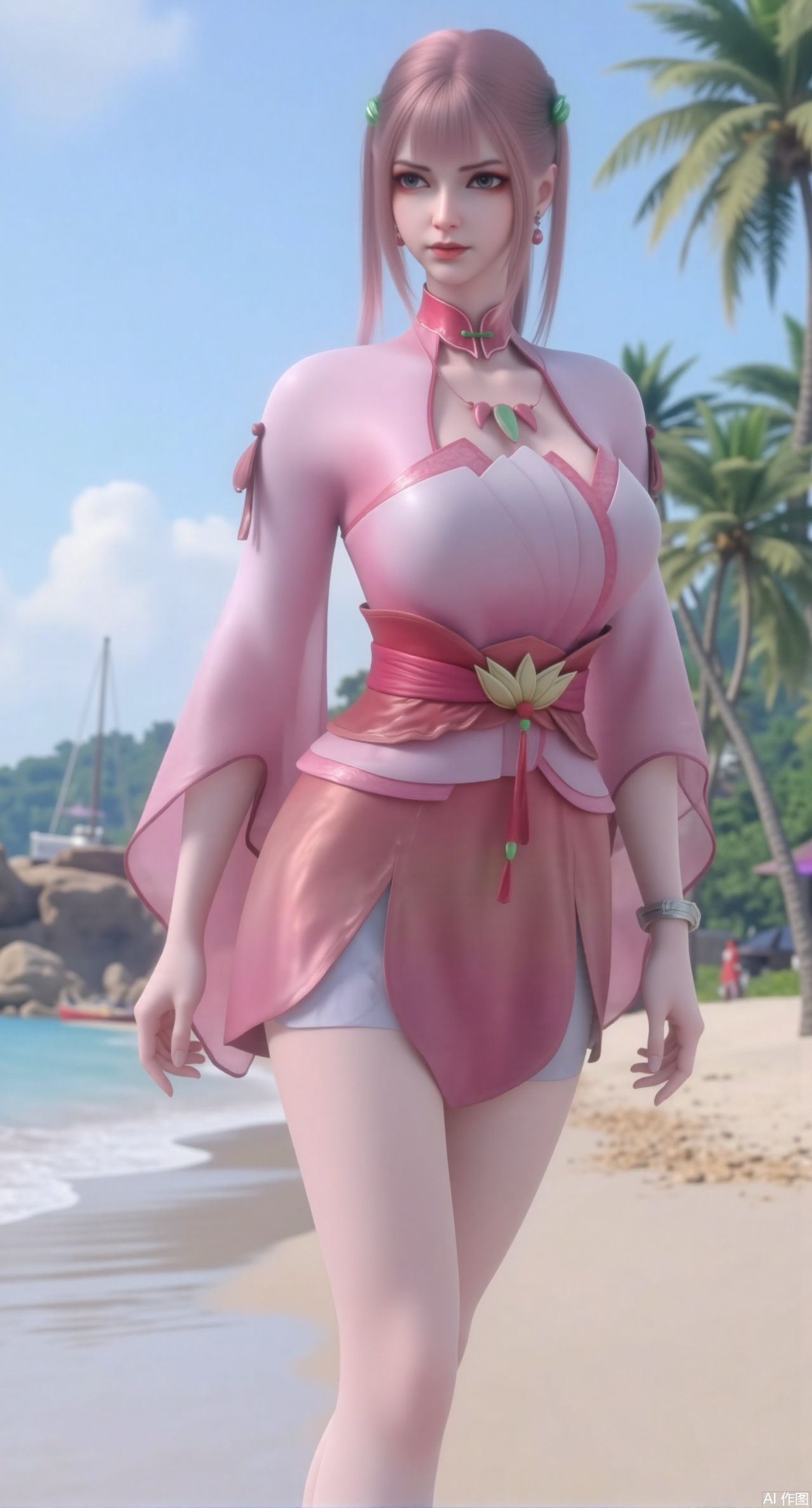 (masterpiece:1.2),best quality,absurdres,masterpiece,original,extremely detailed wallpaper,perfect lighting,1girl,solo,looking at viewer,(cowboy_shot:1.3),short hair,high heels,blurry background,depth of field,motion blur,crystal_earrings,headpiece,in summer,day,outdoors,nature,(standing,Seaside, beach, sailboat, coconut trees:1.59),(huge breasts:2.99),(full breasts:2.99),Xzhihua,Xsiyouyou,Xyanruyu,Xmoxiaonan,Xyeqingxian,Xyinxuehou,Xpoyuhou,XbaihehuaiX,Xjiangbilan,Xhuajin,XshengcaierY,Xmengyuyi,Xxiaomei,Xhujiaoer,Xfuxinyun,Xhumeier