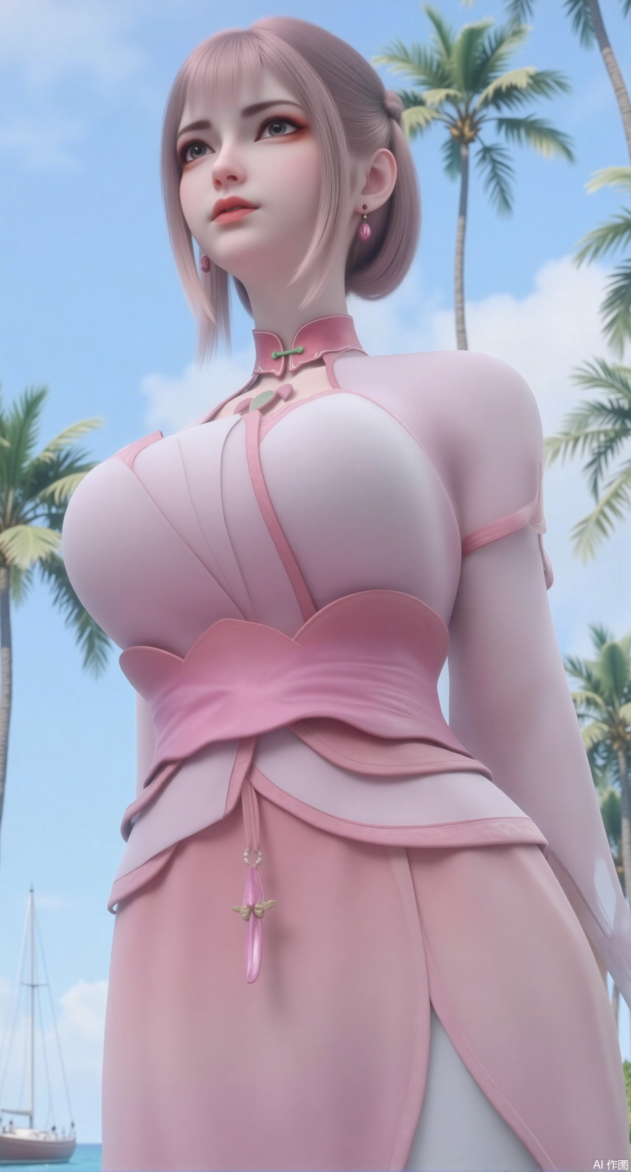 (masterpiece:1.2),best quality,absurdres,masterpiece,original,extremely detailed wallpaper,perfect lighting,1girl,solo,looking at viewer,(cowboy_shot:1.3),short hair,high heels,blurry background,depth of field,motion blur,crystal_earrings,headpiece,in summer,day,outdoors,nature,(standing,Seaside, beach, sailboat, coconut trees:1.59),(huge breasts:2.99),(full breasts:2.99),Xzhihua,Xsiyouyou,Xyanruyu,Xmoxiaonan,Xyeqingxian,Xyinxuehou,Xpoyuhou,XbaihehuaiX,Xjiangbilan,Xhuajin,XshengcaierY,Xmengyuyi,Xxiaomei,Xhujiaoer,Xfuxinyun,Xhumeier