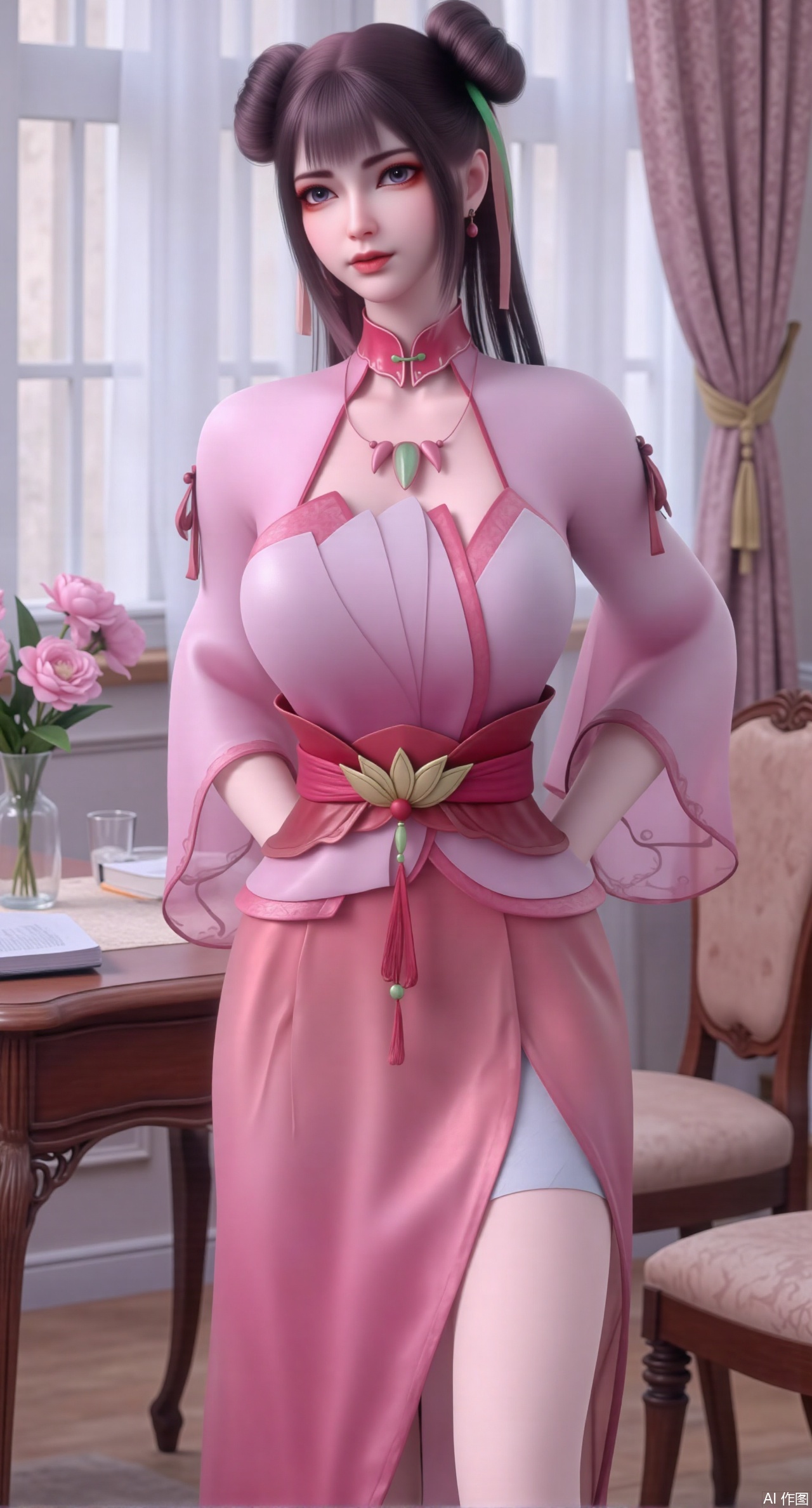 (masterpiece:1.2),Ultra clear, wallpaper, 8k, masterpiece, 1girl, solo, long hair, breasts, looking at viewer, bangs, large breasts,long dress,, bare shoulders, jewelry, black hair, standing, purple eyes, full body, flower, thighs, indoors, hair bun, long dress, high heels, cup, see-through, book, bare legs, window, table, white footwear, standing on one leg, curtains, pink flower, side slit, vase, ,(huge breasts:2.99),(full breasts:2.99),Xzhihua,Xsiyouyou,Xyanruyu,Xmoxiaonan,Xyeqingxian,Xyinxuehou,Xpoyuhou,XbaihehuaiX,Xjiangbilan,Xhuajin,XshengcaierY,Xmengyuyi,Xxiaomei,Xhujiaoer,Xfuxinyun,Xhumeier