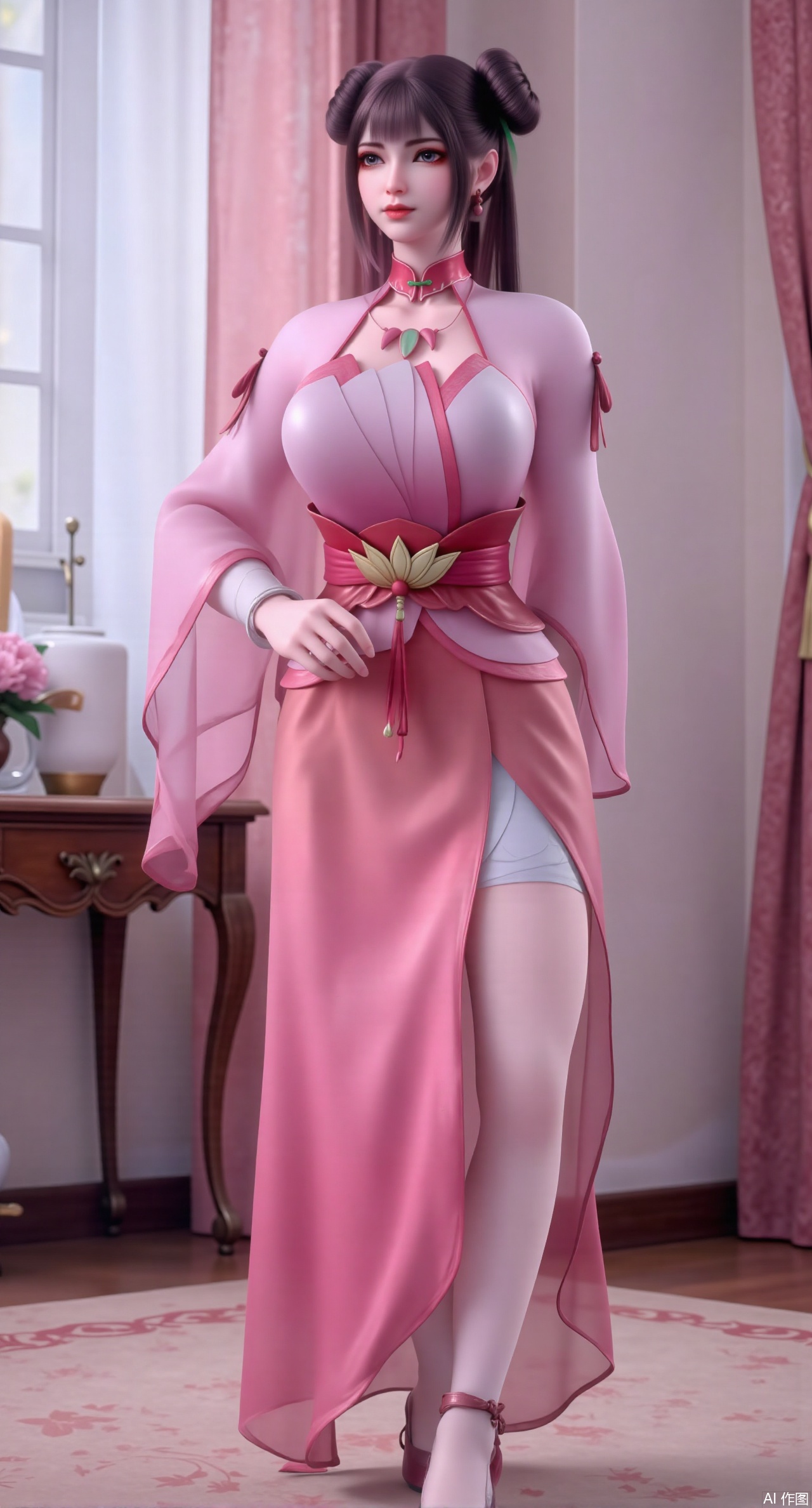 (masterpiece:1.2),Ultra clear, wallpaper, 8k, masterpiece, 1girl, solo, long hair, breasts, looking at viewer, bangs, large breasts,long dress,, bare shoulders, jewelry, black hair, standing, purple eyes, full body, flower, thighs, indoors, hair bun, long dress, high heels, cup, see-through, book, bare legs, window, table, white footwear, standing on one leg, curtains, pink flower, side slit, vase, ,(huge breasts:2.99),(full breasts:2.99),Xzhihua,Xsiyouyou,Xyanruyu,Xmoxiaonan,Xyeqingxian,Xyinxuehou,Xpoyuhou,XbaihehuaiX,Xjiangbilan,Xhuajin,XshengcaierY,Xmengyuyi,Xxiaomei,Xhujiaoer,Xfuxinyun,Xhumeier