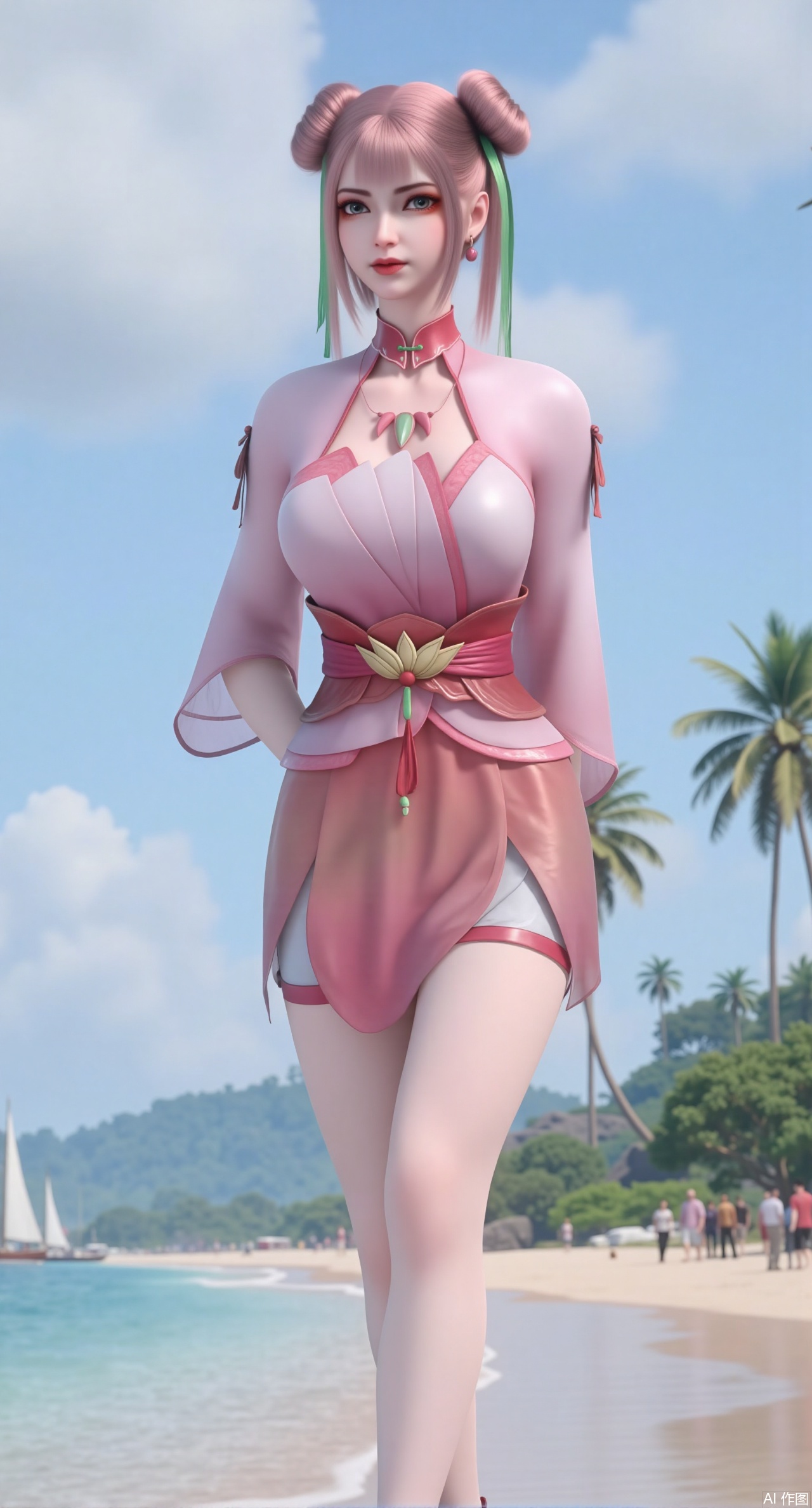(masterpiece:1.2),best quality,absurdres,masterpiece,original,extremely detailed wallpaper,perfect lighting,1girl,solo,looking at viewer,(cowboy_shot:1.3),short hair,high heels,blurry background,depth of field,motion blur,crystal_earrings,headpiece,in summer,day,outdoors,nature,(standing,Seaside, beach, sailboat, coconut trees:1.59),(huge breasts:2.99),(full breasts:2.99),Xzhihua,Xsiyouyou,Xyanruyu,Xmoxiaonan,Xyeqingxian,Xyinxuehou,Xpoyuhou,XbaihehuaiX,Xjiangbilan,Xhuajin,XshengcaierY,Xmengyuyi,Xxiaomei,Xhujiaoer,Xfuxinyun,Xhumeier