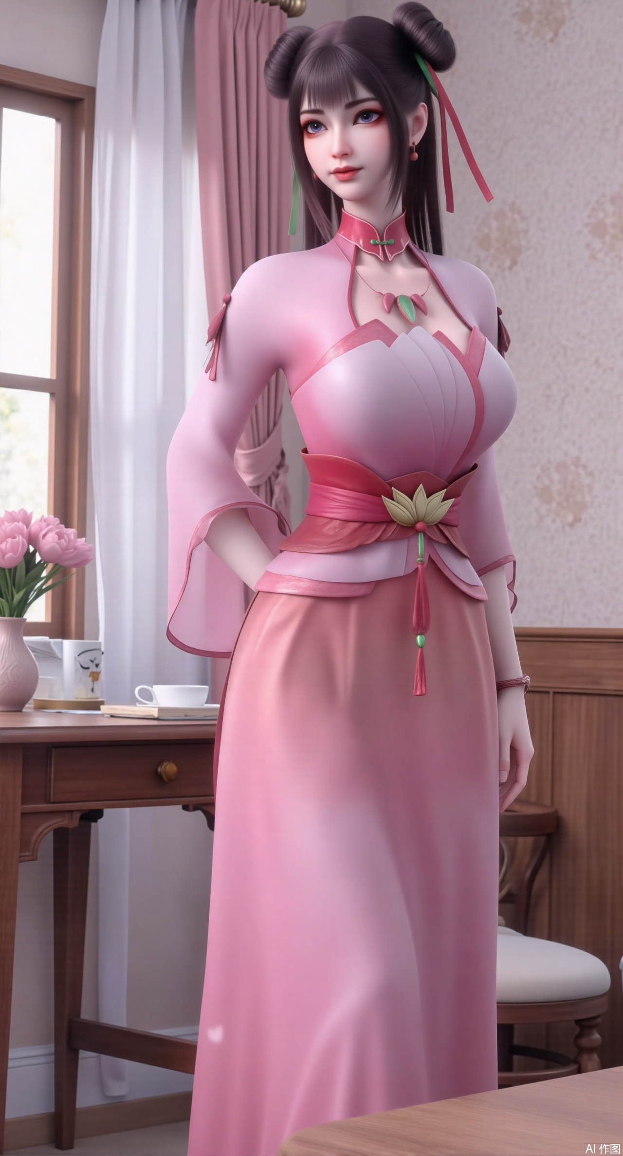 (masterpiece:1.2),Ultra clear, wallpaper, 8k, masterpiece, 1girl, solo, long hair, breasts, looking at viewer, bangs, large breasts,long dress,, bare shoulders, jewelry, black hair, standing, purple eyes, full body, flower, thighs, indoors, hair bun, long dress, high heels, cup, see-through, book, bare legs, window, table, white footwear, standing on one leg, curtains, pink flower, side slit, vase, ,(huge breasts:2.99),(full breasts:2.99),Xzhihua,Xsiyouyou,Xyanruyu,Xmoxiaonan,Xyeqingxian,Xyinxuehou,Xpoyuhou,XbaihehuaiX,Xjiangbilan,Xhuajin,XshengcaierY,Xmengyuyi,Xxiaomei,Xhujiaoer,Xfuxinyun,Xhumeier