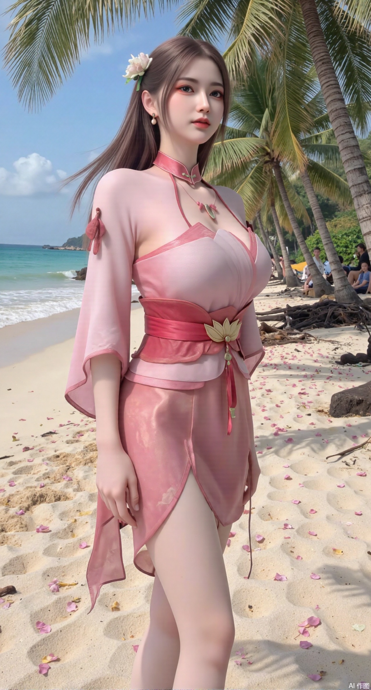 (masterpiece:1.2),best quality,absurdres,masterpiece,original,extremely detailed wallpaper,perfect lighting,Golden sandy beach covered with vibrant flowers, turquoise waves gently lapping the shore, , bright flower clusters spreading from sand to palm tree roots, soft natural light filtering through coconut leaves, ocean breeze lifting hair and qipao hem, high-resolution details showcasing petal textures and silk fabric sheen, ultra-wide angle lens capturing coastline panorama, cinematic color grading with soft focus on the central figure,(huge breasts:2.99),(full breasts:2.99),(pink rose flowers:1.39),Xanmiaoyi,Xyunwangshu,XlishaoyinY,Xbaixue,XanmiaoyiY,Xxiuqiuhua,XbaiyuerongY,XyunyunX,XqingnvzongZM,Xjuzi,Xshangguanweier,XanmiaoyiXY,XyunyunXY,Xjiangziyue,Xmeining,Xweinina,Xlenhuan,Xbabata,Xhuajin,Xjiangbilan,XbaihehuaiX,Xfuxinyun,Xhumeier,XhewanyuzhiyaoY,XlimuwanBF