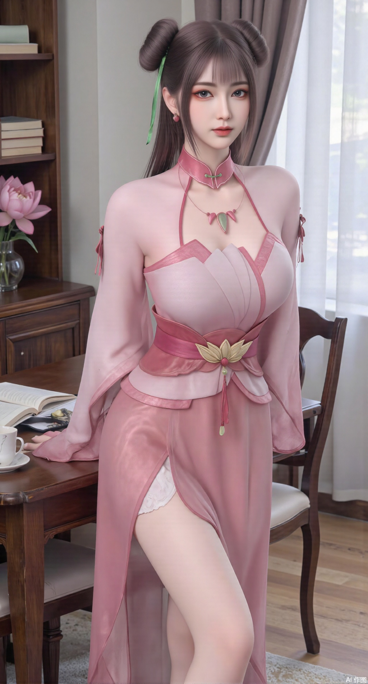  (masterpiece:1.2),best quality,Ultra clear, wallpaper, 8k, masterpiece, 1girl, solo, long hair, breasts, looking at viewer, bangs, large breasts,long dress,, bare shoulders, jewelry, black hair, standing, purple eyes, full body, flower, thighs, indoors, hair bun, long dress, high heels, cup, see-through, book, bare legs, window, table, white footwear, standing on one leg, curtains, pink flower, side slit, vase, ,(huge breasts:2.99),(full breasts:2.99),(pink lotus flowers:1.39),,Xanmiaoyi,Xyunwangshu,XlishaoyinY,Xbaixue,XanmiaoyiY,Xxiuqiuhua,XbaiyuerongY,XyunyunX,XqingnvzongZM,Xjuzi,Xshangguanweier,XanmiaoyiXY,XyunyunXY,Xjiangziyue,Xmeining,Xweinina,Xlenhuan,Xbabata,Xhuajin,Xjiangbilan,XbaihehuaiX,Xfuxinyun,Xhumeier,XhewanyuzhiyaoY,XlimuwanBF
