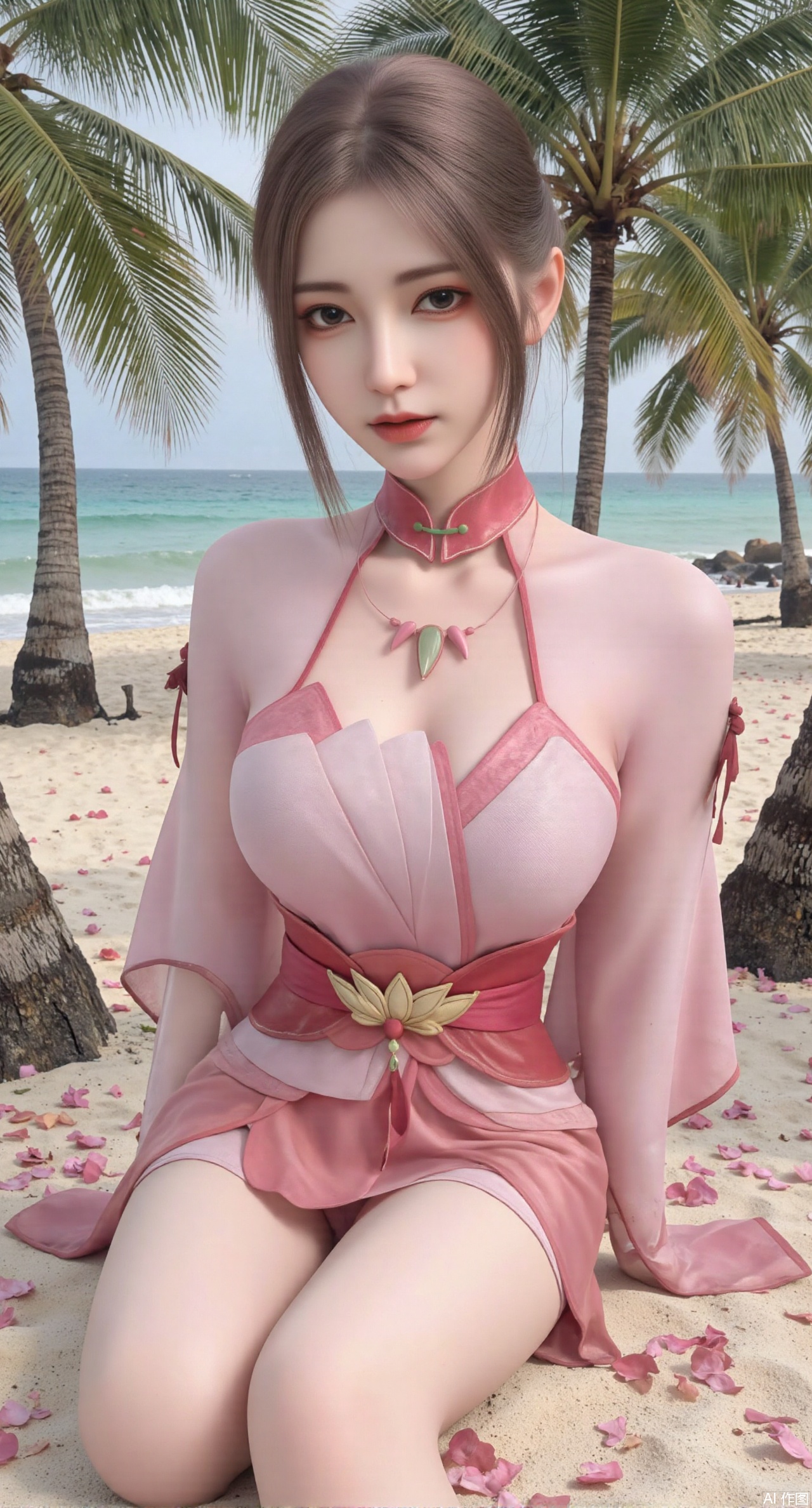 (masterpiece:1.2),best quality,absurdres,masterpiece,original,extremely detailed wallpaper,perfect lighting,Golden sandy beach covered with vibrant flowers, turquoise waves gently lapping the shore, , bright flower clusters spreading from sand to palm tree roots, soft natural light filtering through coconut leaves, ocean breeze lifting hair and qipao hem, high-resolution details showcasing petal textures and silk fabric sheen, ultra-wide angle lens capturing coastline panorama, cinematic color grading with soft focus on the central figure,(huge breasts:2.99),(full breasts:2.99),(pink rose flowers:1.39),Xanmiaoyi,Xyunwangshu,XlishaoyinY,Xbaixue,XanmiaoyiY,Xxiuqiuhua,XbaiyuerongY,XyunyunX,XqingnvzongZM,Xjuzi,Xshangguanweier,XanmiaoyiXY,XyunyunXY,Xjiangziyue,Xmeining,Xweinina,Xlenhuan,Xbabata,Xhuajin,Xjiangbilan,XbaihehuaiX,Xfuxinyun,Xhumeier,XhewanyuzhiyaoY,XlimuwanBF