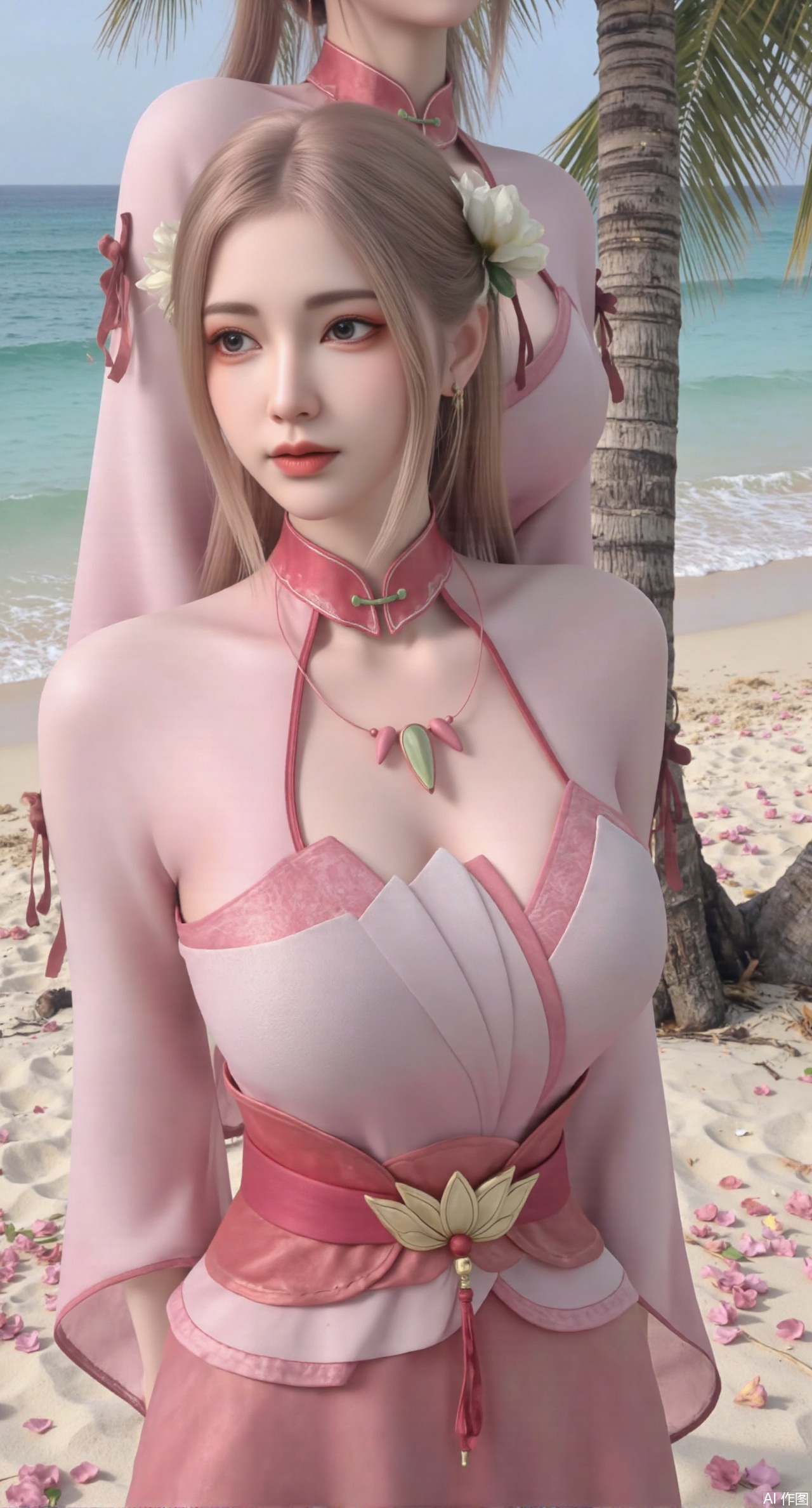 (masterpiece:1.2),best quality,absurdres,masterpiece,original,extremely detailed wallpaper,perfect lighting,Golden sandy beach covered with vibrant flowers, turquoise waves gently lapping the shore, , bright flower clusters spreading from sand to palm tree roots, soft natural light filtering through coconut leaves, ocean breeze lifting hair and qipao hem, high-resolution details showcasing petal textures and silk fabric sheen, ultra-wide angle lens capturing coastline panorama, cinematic color grading with soft focus on the central figure,(huge breasts:2.99),(full breasts:2.99),(pink rose flowers:1.39),Xanmiaoyi,Xyunwangshu,XlishaoyinY,Xbaixue,XanmiaoyiY,Xxiuqiuhua,XbaiyuerongY,XyunyunX,XqingnvzongZM,Xjuzi,Xshangguanweier,XanmiaoyiXY,XyunyunXY,Xjiangziyue,Xmeining,Xweinina,Xlenhuan,Xbabata,Xhuajin,Xjiangbilan,XbaihehuaiX,Xfuxinyun,Xhumeier,XhewanyuzhiyaoY,XlimuwanBF