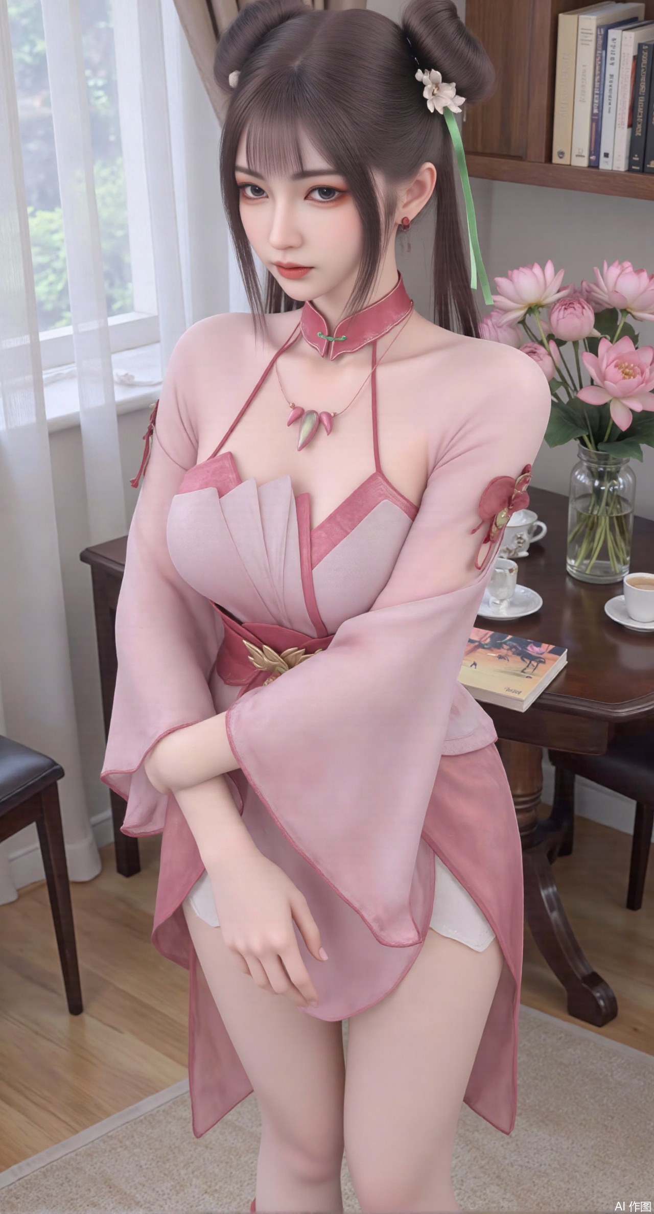 (masterpiece:1.2),best quality,Ultra clear, wallpaper, 8k, masterpiece, 1girl, solo, long hair, breasts, looking at viewer, bangs, large breasts,long dress,, bare shoulders, jewelry, black hair, standing, purple eyes, full body, flower, thighs, indoors, hair bun, long dress, high heels, cup, see-through, book, bare legs, window, table, white footwear, standing on one leg, curtains, pink flower, side slit, vase, ,(huge breasts:2.99),(full breasts:2.99),(pink lotus flowers:1.39),,Xanmiaoyi,Xyunwangshu,XlishaoyinY,Xbaixue,XanmiaoyiY,Xxiuqiuhua,XbaiyuerongY,XyunyunX,XqingnvzongZM,Xjuzi,Xshangguanweier,XanmiaoyiXY,XyunyunXY,Xjiangziyue,Xmeining,Xweinina,Xlenhuan,Xbabata,Xhuajin,Xjiangbilan,XbaihehuaiX,Xfuxinyun,Xhumeier,XhewanyuzhiyaoY,XlimuwanBF