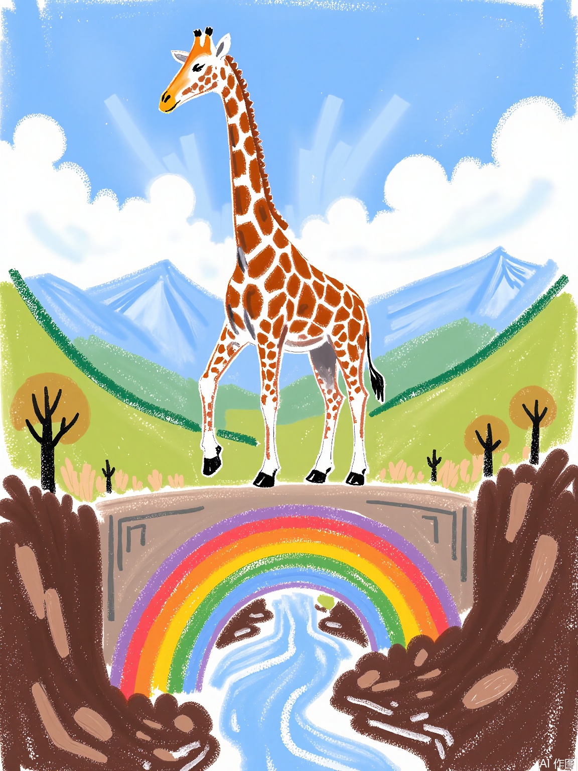 LBHF, 
A giraffe with a zigzag-patterned neck balancing on a rainbow bridge. Background: candy-colored mountains with rivers of chocolate syrup.
