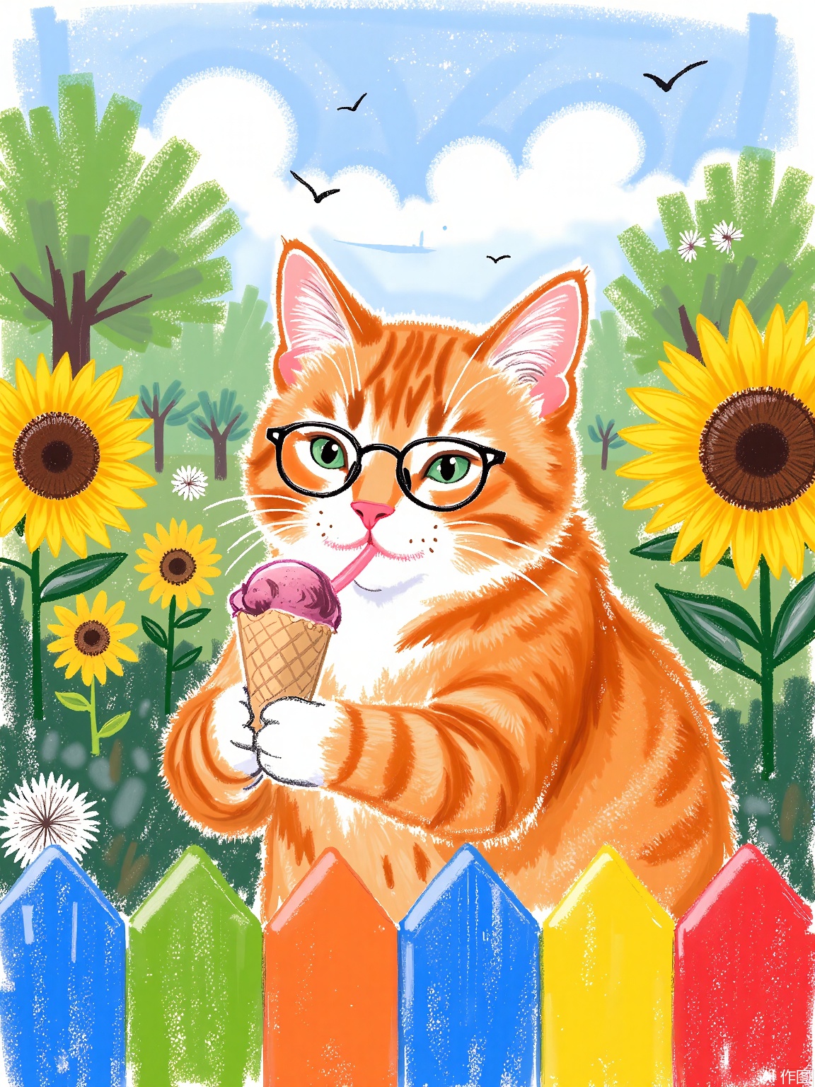 LBHF, 
A ginger cat perched on a rainbow-colored fence, wearing tiny round spectacles, licking a melting ice cream cone. Background: checkered garden with giant sunflowers and floating dandelion seeds.
