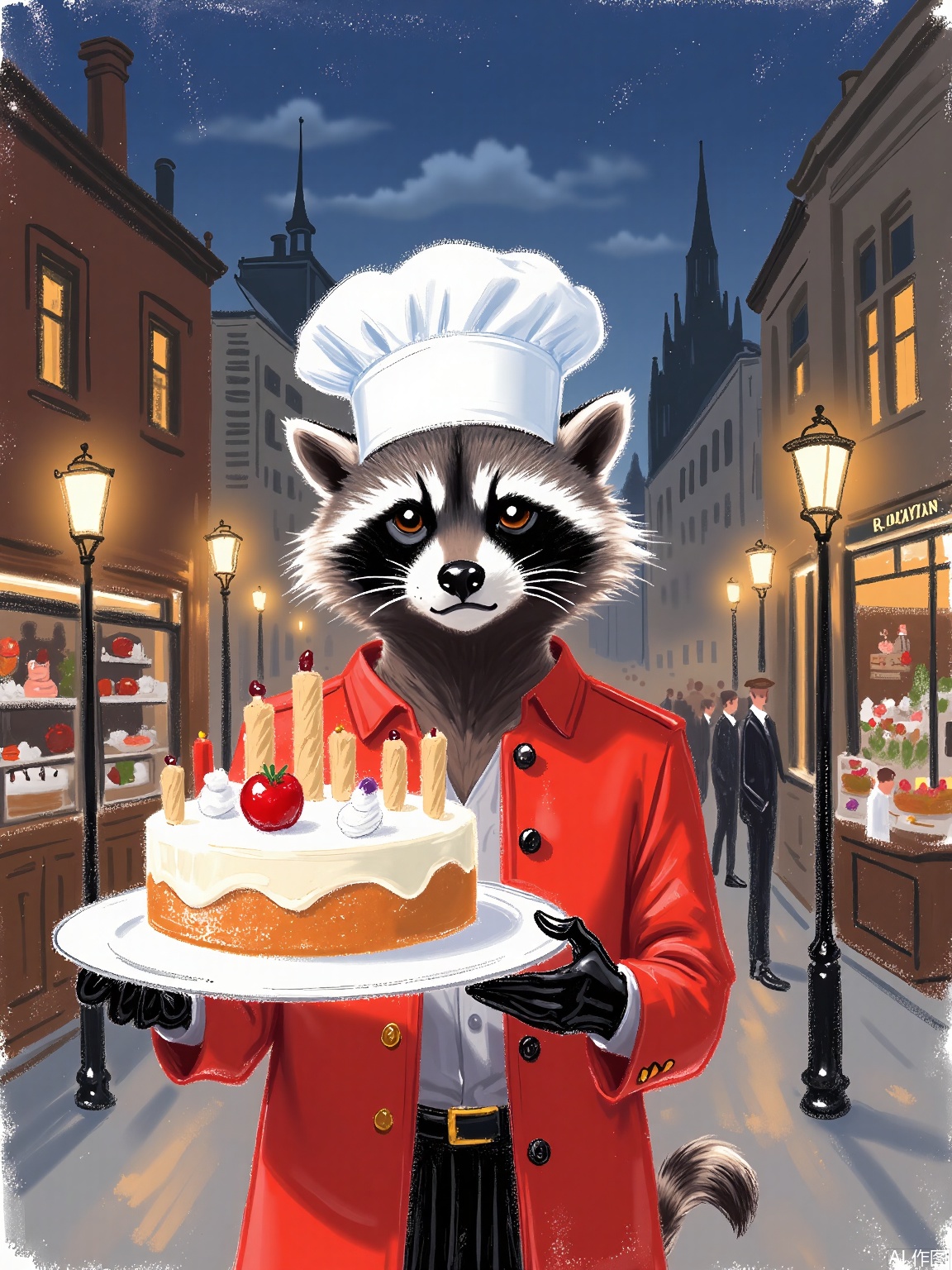 LBHF, 
A raccoon in a chef's hat presenting a cake shaped like a miniature city. Background: nighttime bakery with marzipan buildings and licorice lampposts.
