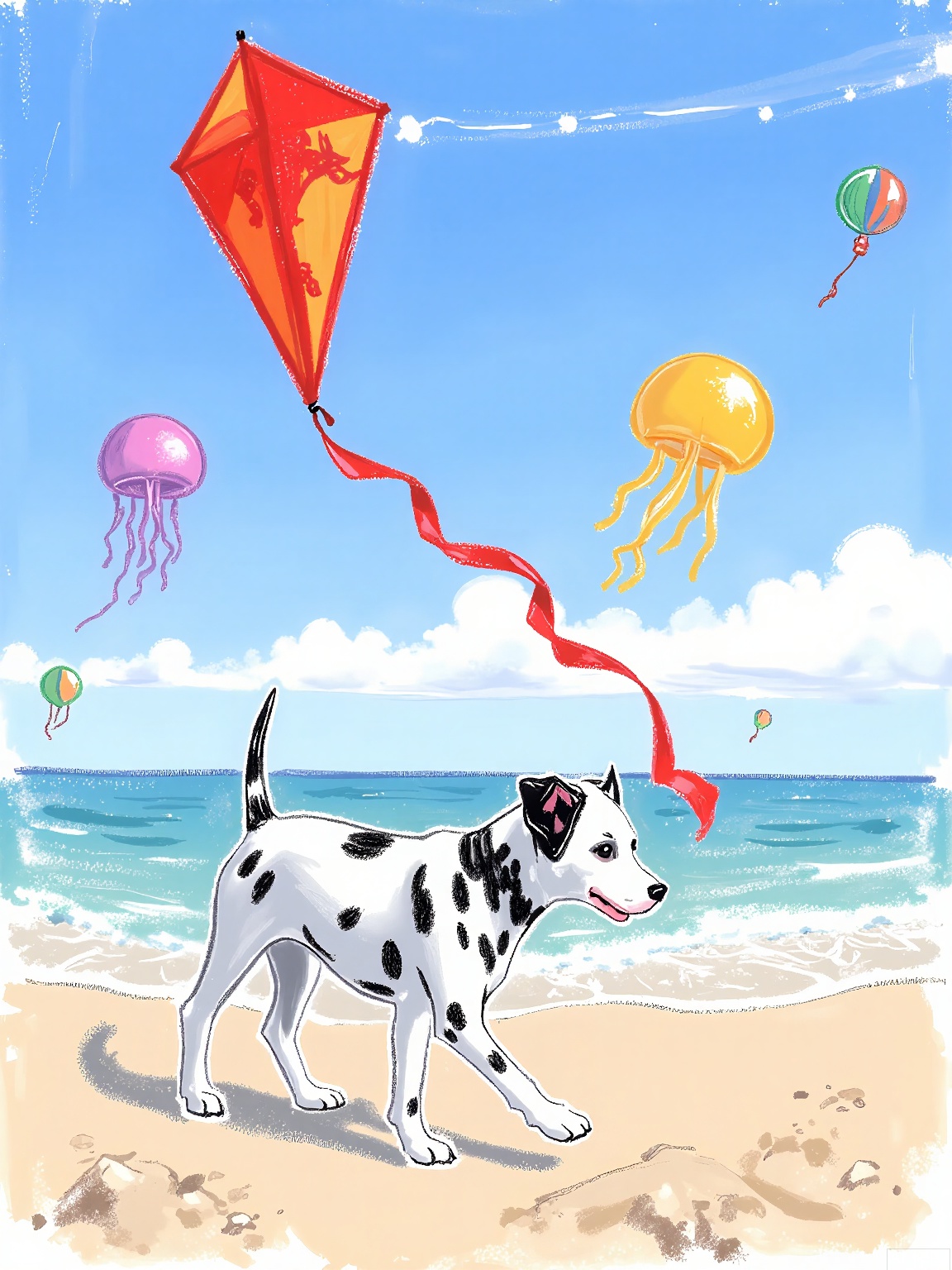 LBHF, 
A dalmatian puppy flying a kite shaped like a fire-breathing dragon. Background: beach with candy-striped sand and floating jellyfish balloons.
