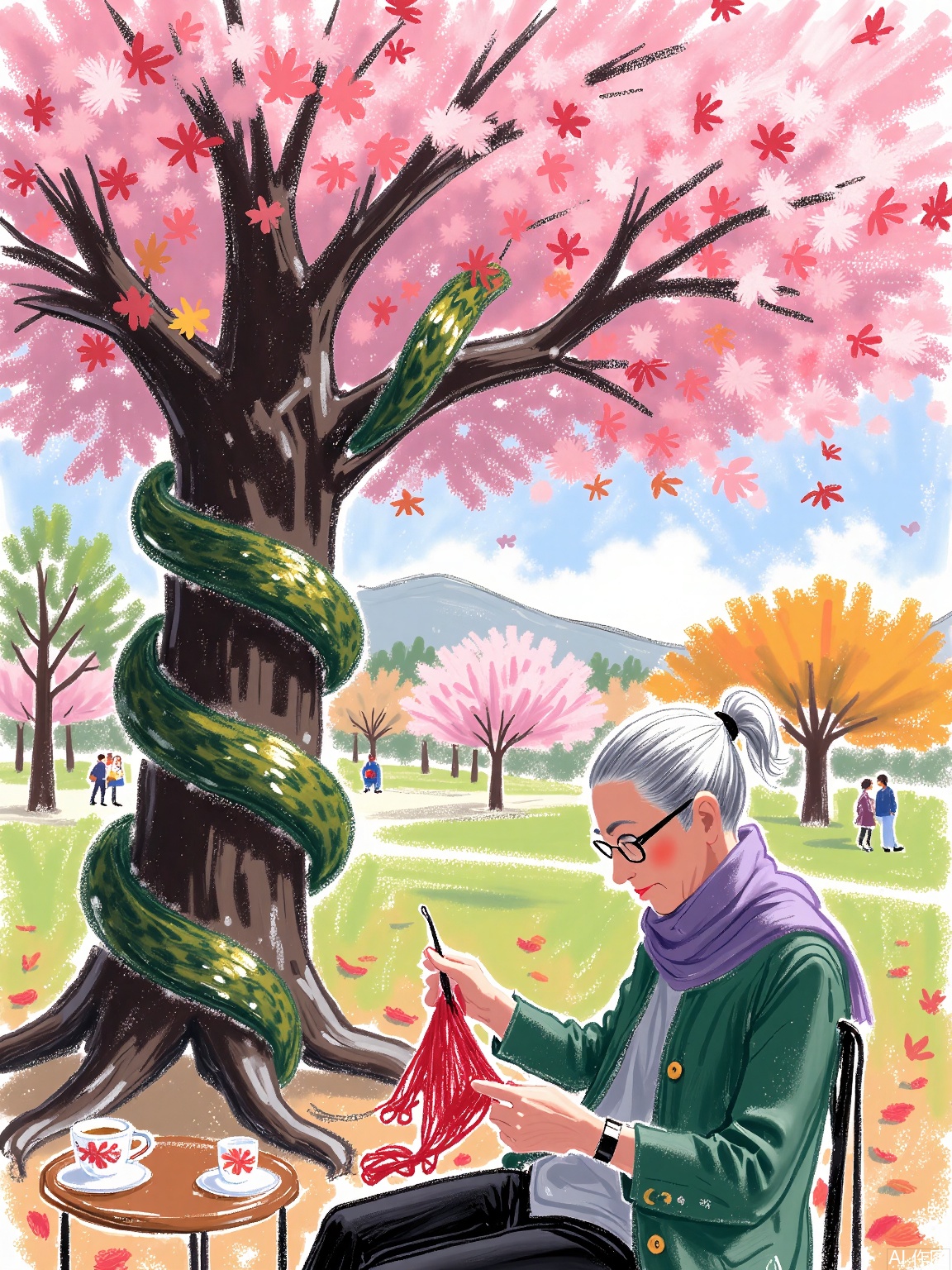 LBHF, 
An elderly woman knitting a scarf that becomes a living serpent coiling around a cherry tree. Background: autumn park with checkerboard leaves and floating teacups.
