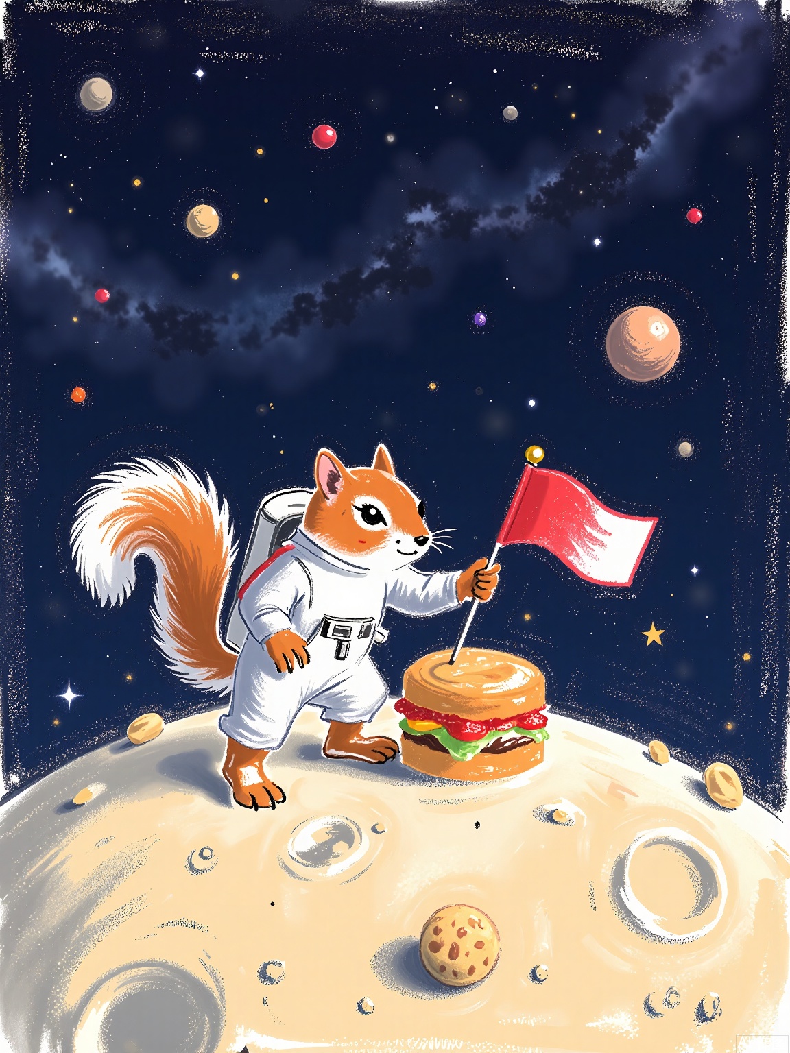LBHF, 
A squirrel in a tiny astronaut suit planting a flag on a peanut butter sandwich moon. Background: space with floating crumb asteroids and jellybean planets.
