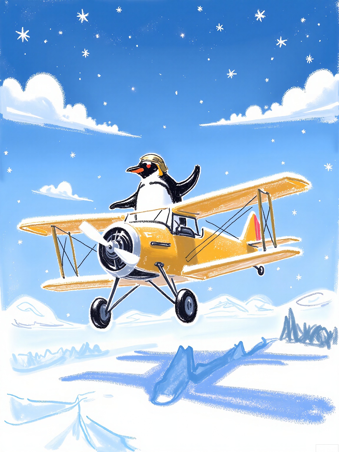 LBHF, 
A penguin in a tiny pilot's helmet steering a biplane made of ice. Background: sky filled with floating icebergs and snowflake constellations.
