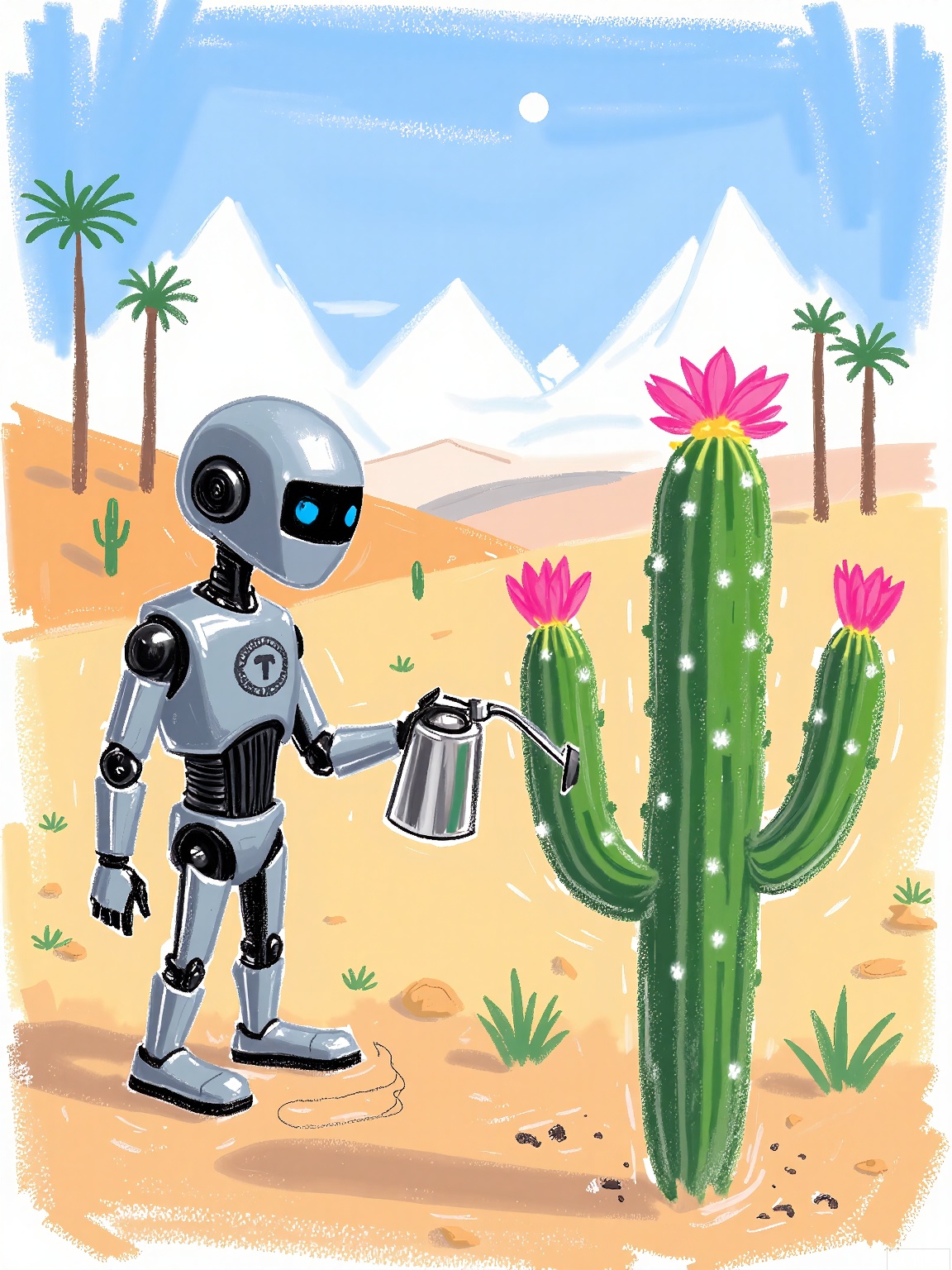 LBHF, 
A robot with mismatched button eyes watering a cactus that's blooming neon-colored flowers. Background: desert landscape with origami pyramids and paper-cut palm trees.
