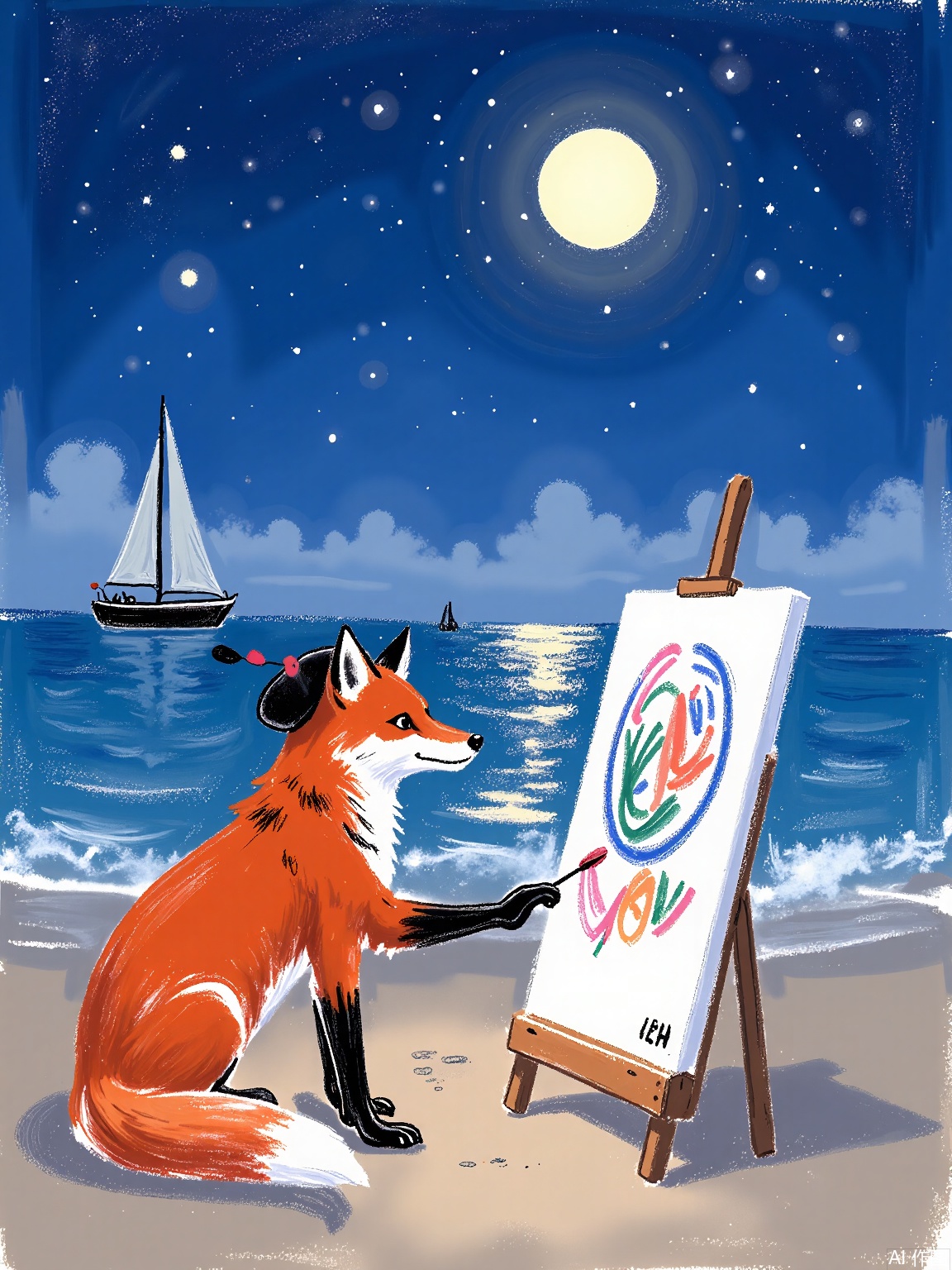 LBHF, 
A fox wearing a tiny beret painting abstract swirls on a moonlit beach. Background: glowing tide pools with stardust and upside-down sailboats.
