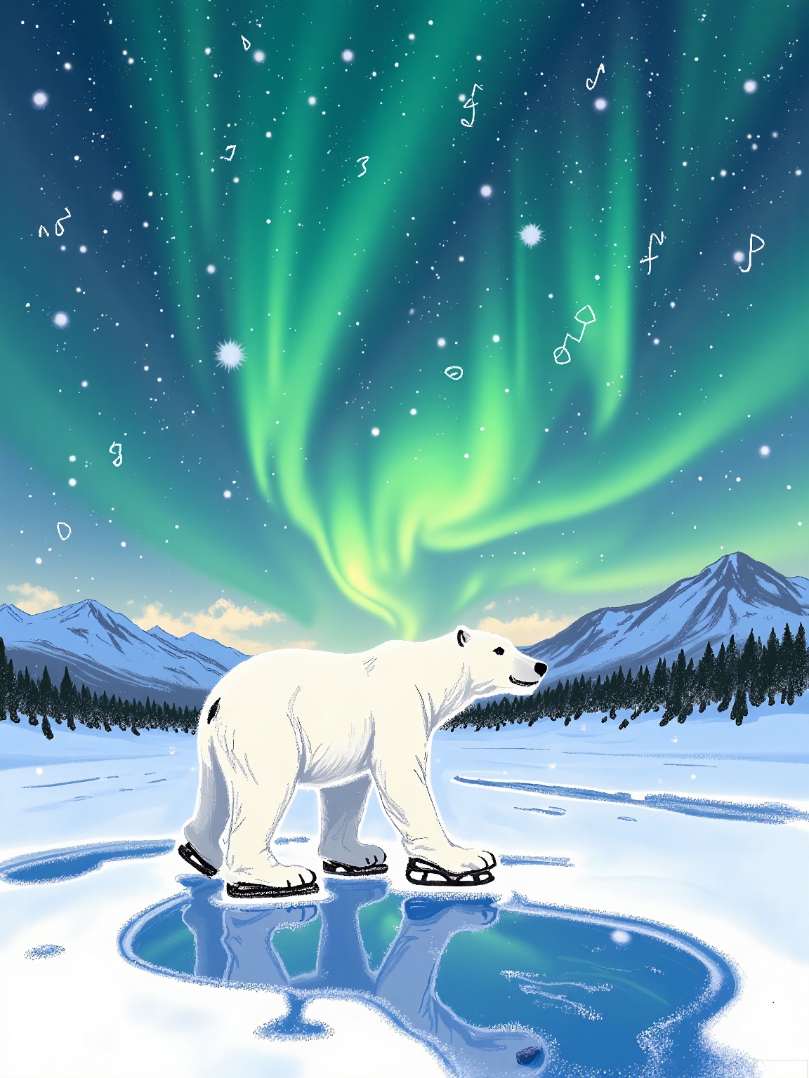 LBHF, 
A polar bear ice skating on a frozen lake shaped like a violin. Background: aurora borealis with musical note constellations.
