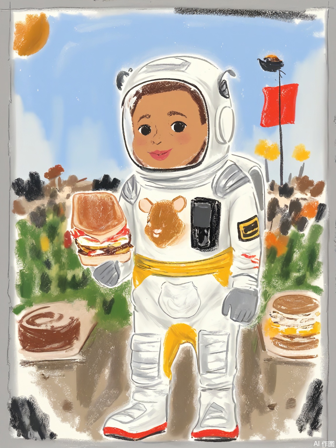 LBHF, A squirrel in a tiny astronaut suit planting a flag on a peanut butter sandwich moon. Background: space with floating crumb asteroids and jellybean planets.

