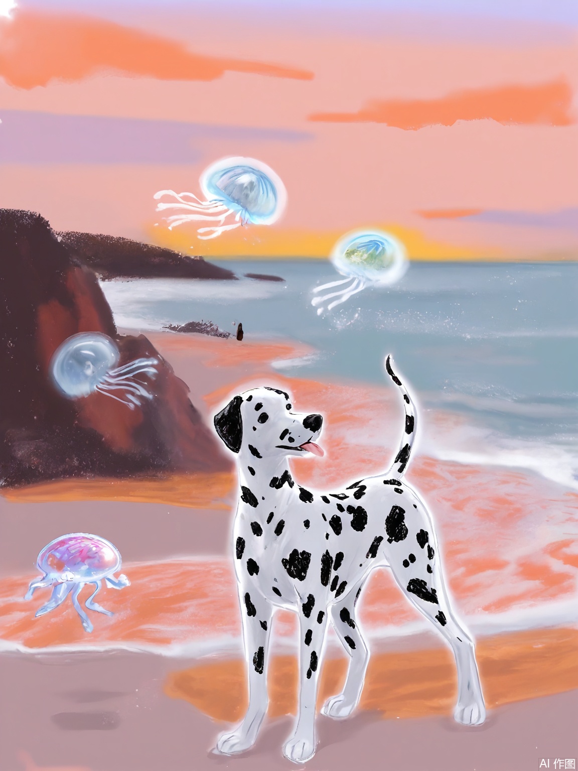 LBHF, A dalmatian puppy flying a kite shaped like a fire-breathing dragon. Background: beach with candy-striped sand and floating jellyfish balloons.

