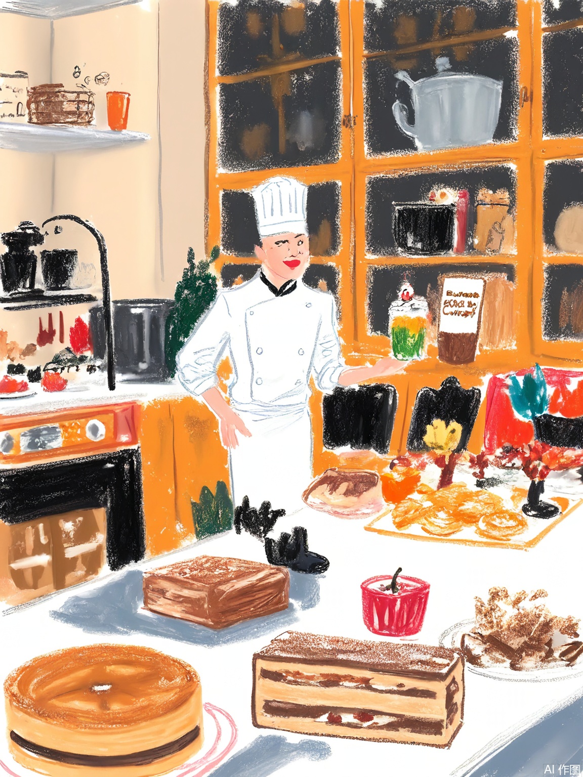 LBHF, A raccoon in a chef's hat presenting a cake shaped like a miniature city. Background: nighttime bakery with marzipan buildings and licorice lampposts.

