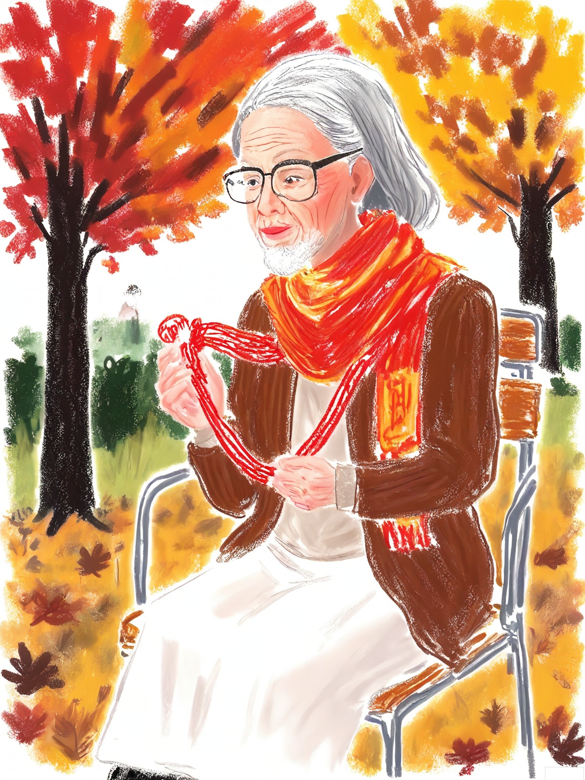 LBHF, An elderly woman knitting a scarf that becomes a living serpent coiling around a cherry tree. Background: autumn park with checkerboard leaves and floating teacups.

