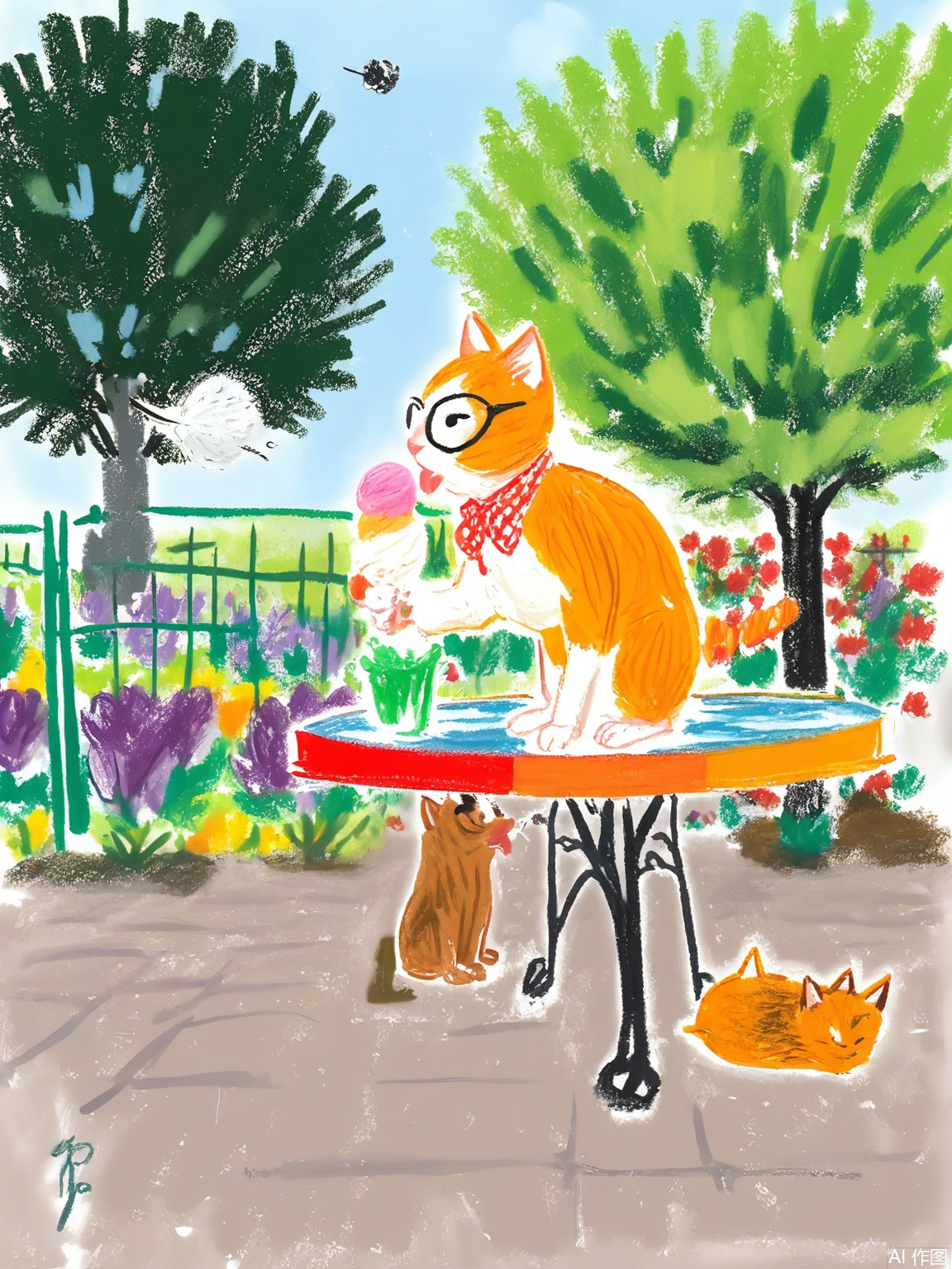LBHF, A ginger cat perched on a rainbow-colored fence, wearing tiny round spectacles, licking a melting ice cream cone. Background: checkered garden with giant sunflowers and floating dandelion seeds.

