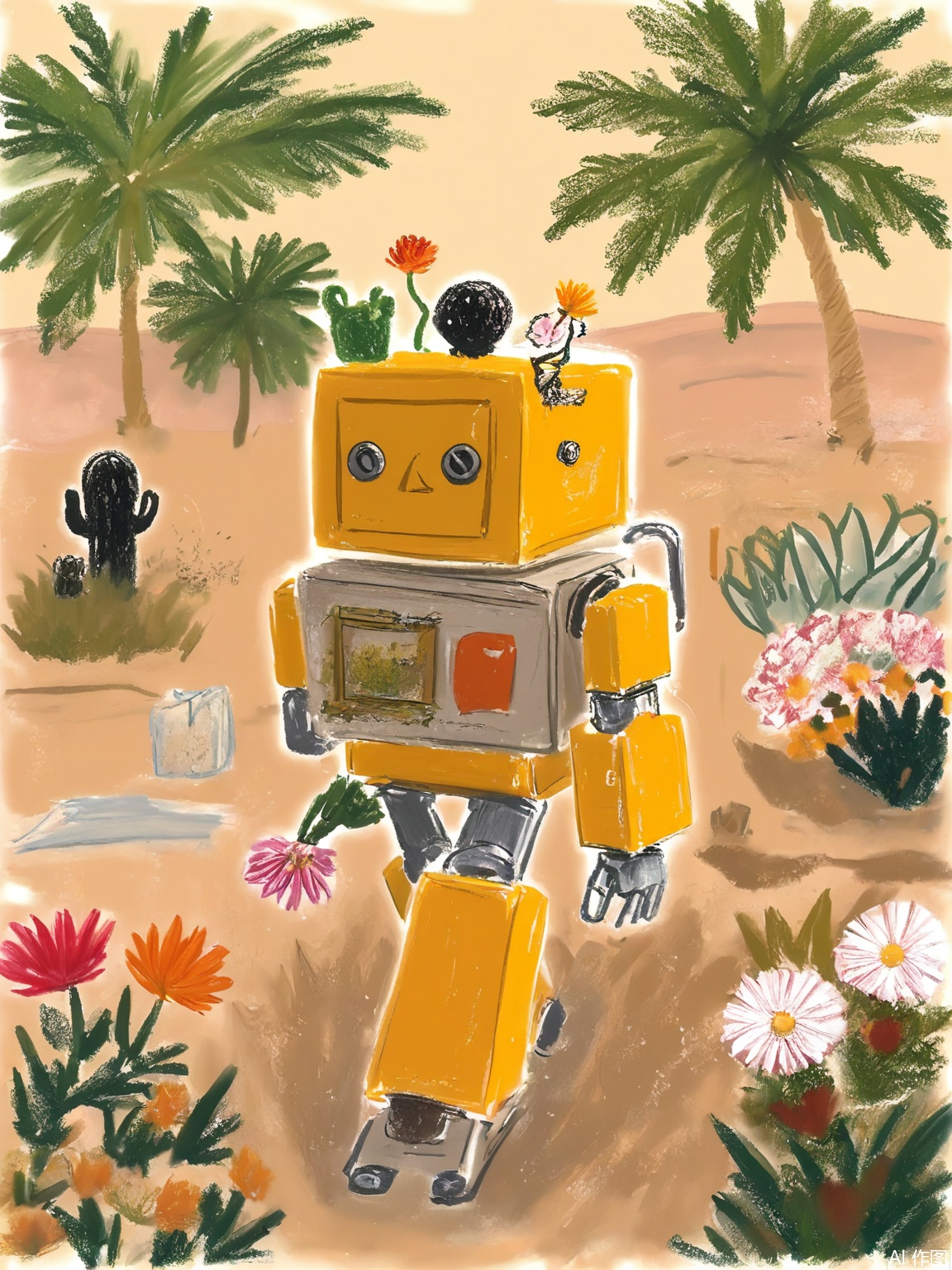 LBHF, A robot with mismatched button eyes watering a cactus that's blooming neon-colored flowers. Background: desert landscape with origami pyramids and paper-cut palm trees.

