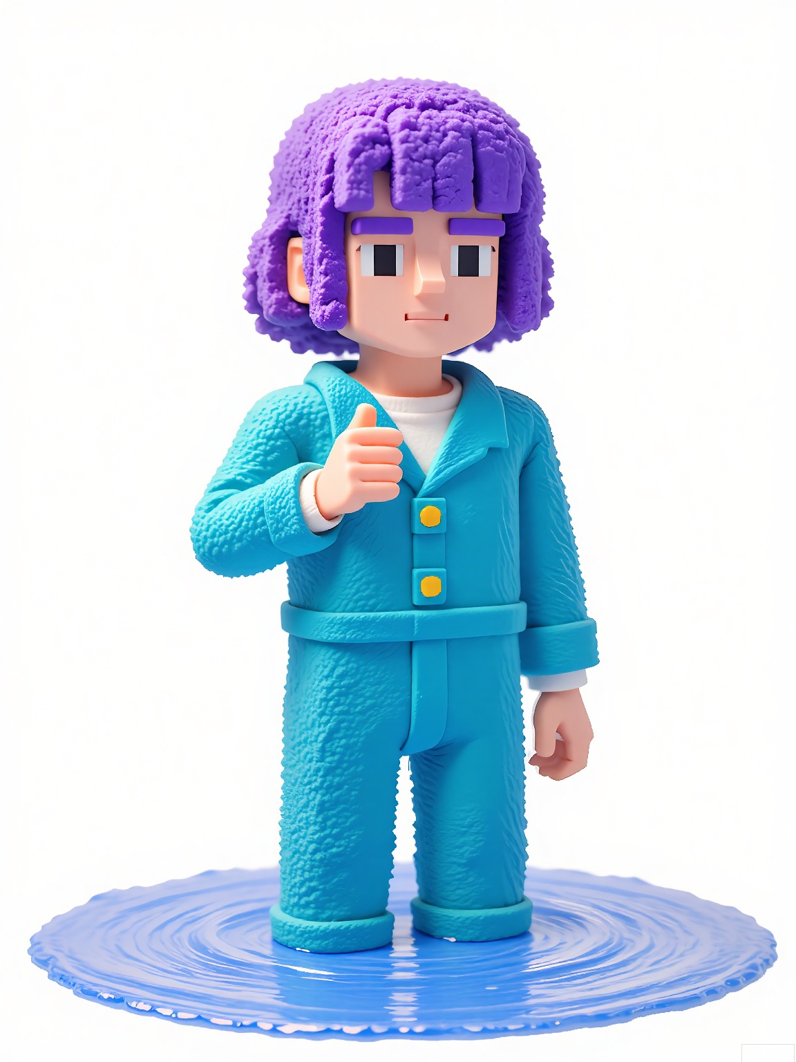 FKR,
A blocky character with violet prismatic curls wears a cerulean-blue unitard with visible edge loops. Their fingers graze an invisible interface, creating ripples in the white space.
