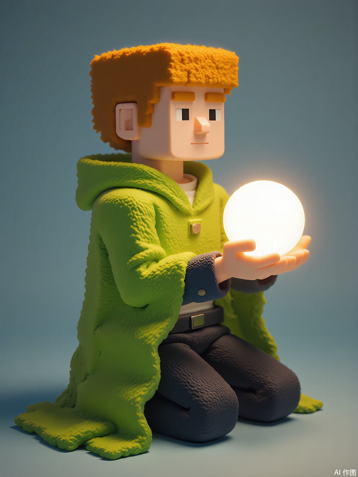 FKR,
A blocky figure with amber-tinted cube hair wears a chartreuse cape with hexagonal patterns. They kneel on one leg, holding a glowing white orb that emits soft radial lines.
