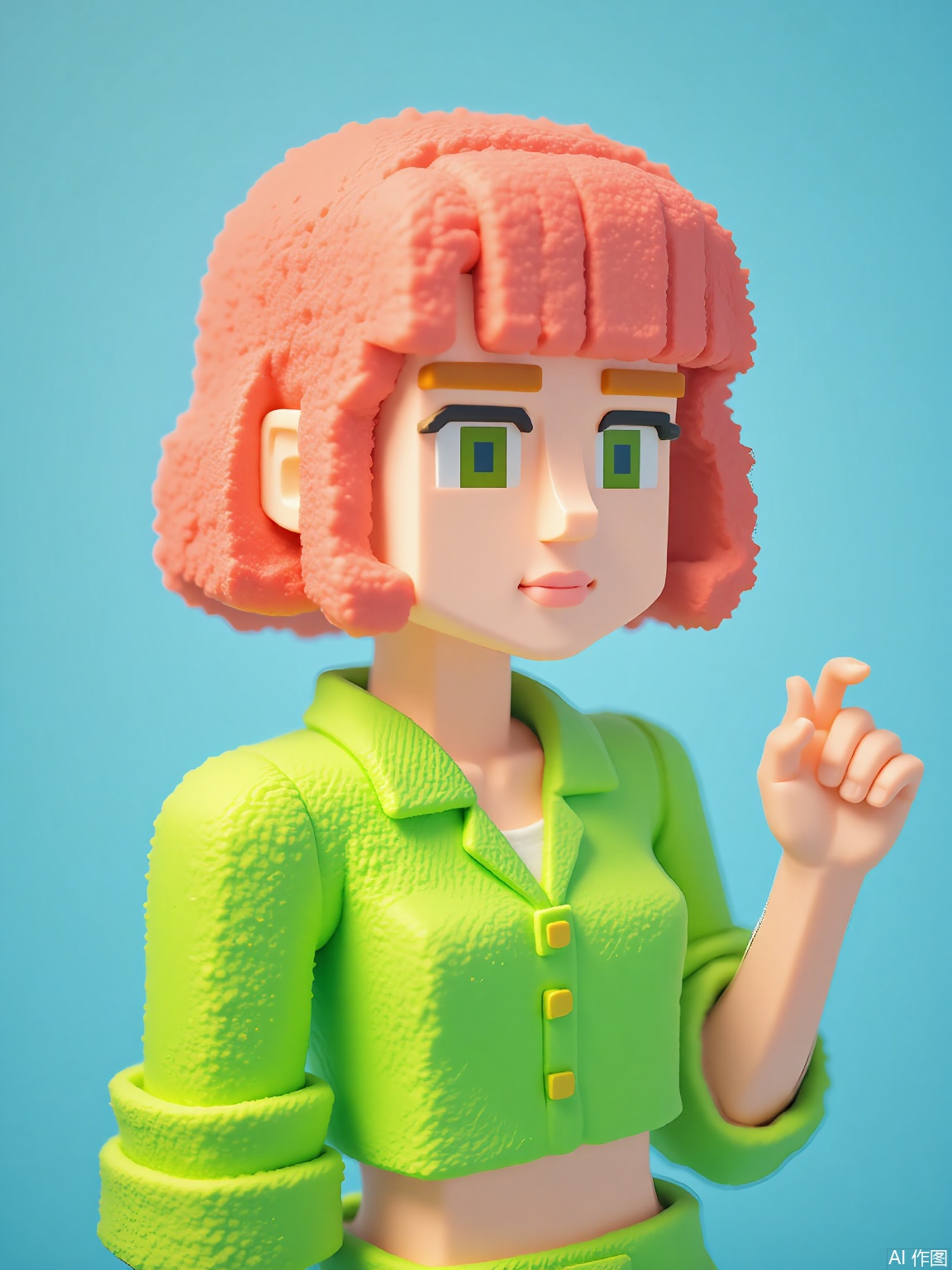 FKR,
A stylized block person with coral-pink bob cut wears a neon-green asymmetrical tunic. Their right arm morphs into a floating spiral shape while the left hand gestures toward an unseen viewer.
