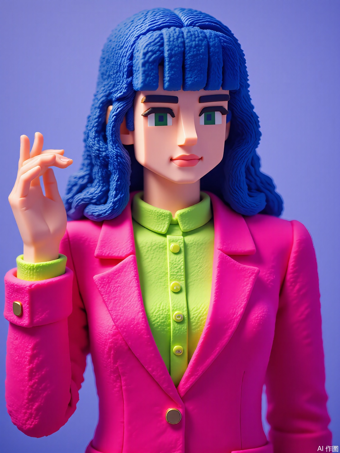 FKR,
A low-polygon figure with sapphire-blue triangular hair wears a magenta blazer over a lime-green blouse. They gesture upward with one hand, fingers emitting faint light trails.

