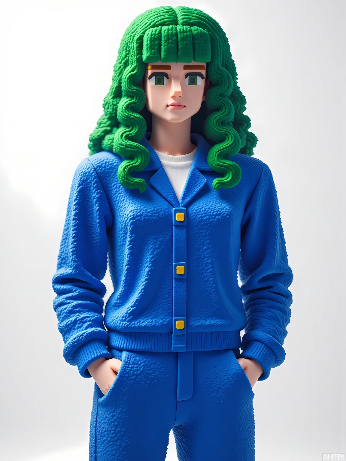 FKR,
A low-polygon model with emerald-green geometric curls wears a cobalt-blue tracksuit with exaggerated stitching. Their arms form dynamic angles as if conducting an invisible orchestra.
