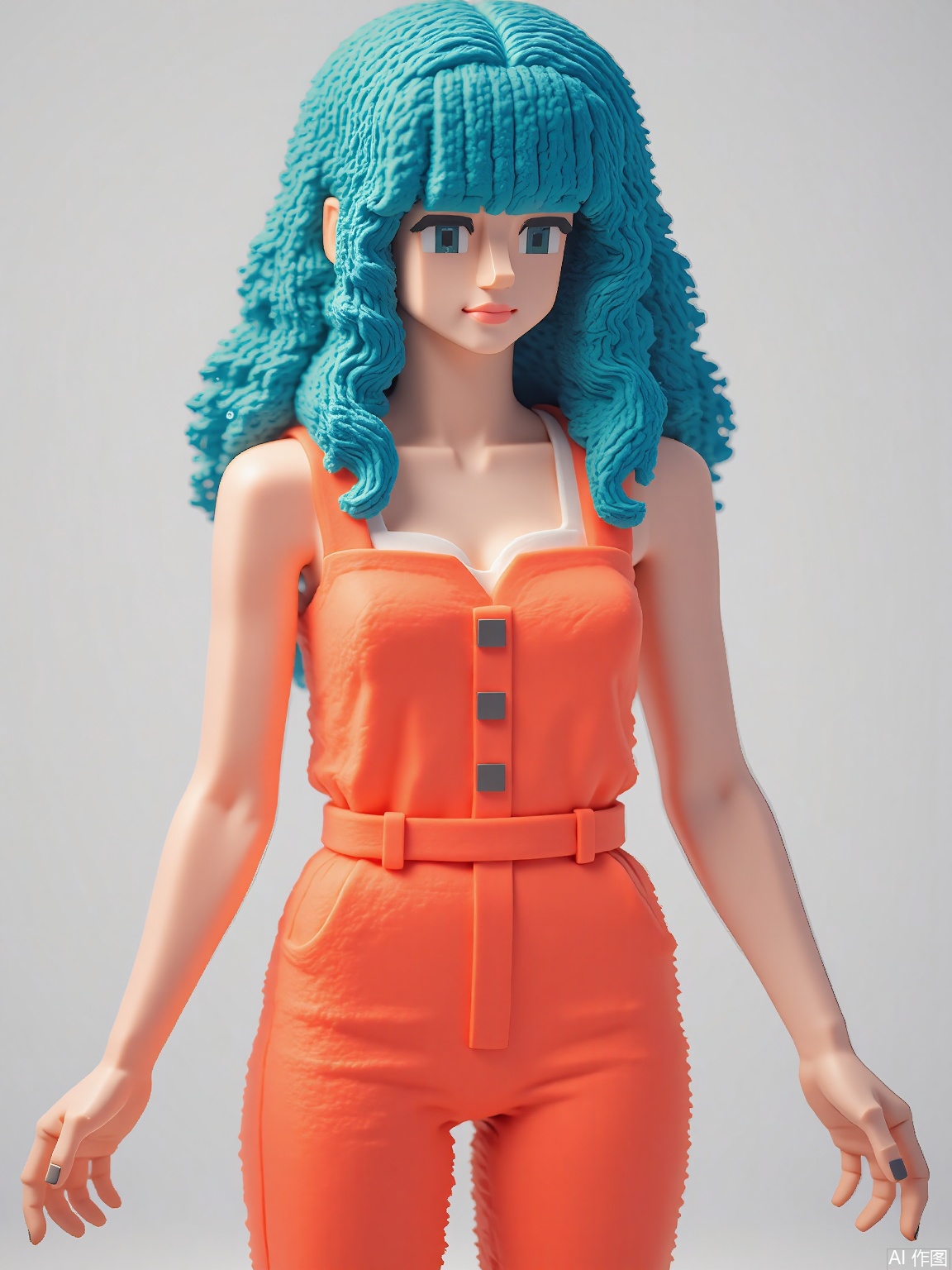 FKR,
A geometric woman with peacock-blue cube hair wears a coral-colored jumpsuit with visible topology lines. Her arms extend outward, palms facing forward with subtle glow effects.
