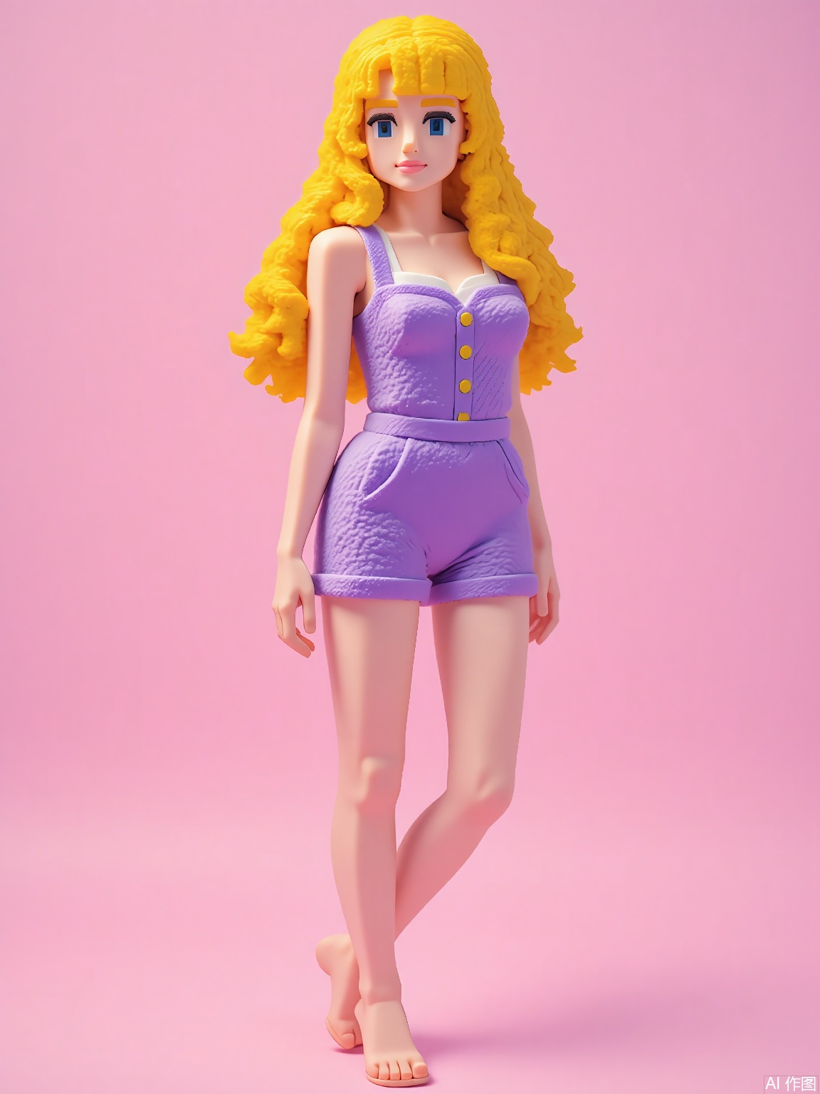 FKR,
A pixel-art model with lemon-yellow pixel hair wears an orchid-purple romper with diamond quilting. They balance on one foot, arms extended for equilibrium.
