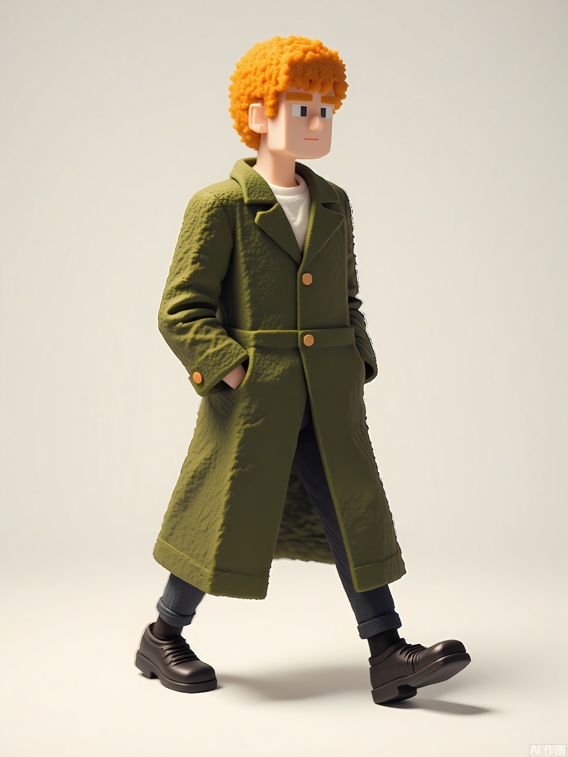 FKR,
A low-poly figure with tangerine-gradient hair wears an olive-green trench coat with exaggerated lapels. They stride forward with one leg lifted, casting a faint grid-pattern shadow.

