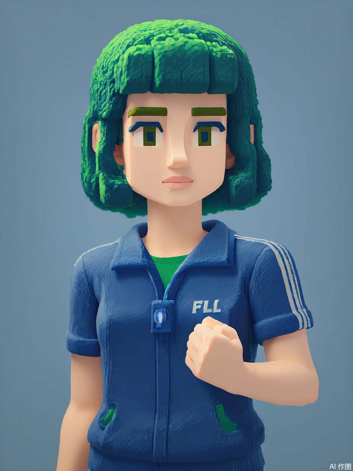 FKR, A low-polygon model with emerald-green geometric curls wears a cobalt-blue tracksuit with exaggerated stitching. Their arms form dynamic angles as if conducting an invisible orchestra.

