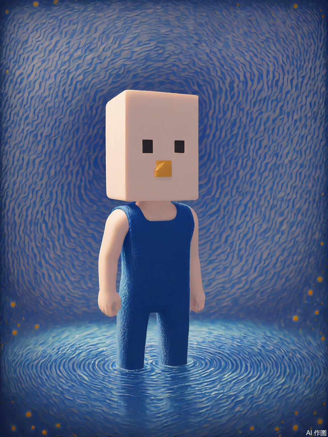 FKR, A blocky character with violet prismatic curls wears a cerulean-blue unitard with visible edge loops. Their fingers graze an invisible interface, creating ripples in the white space.

