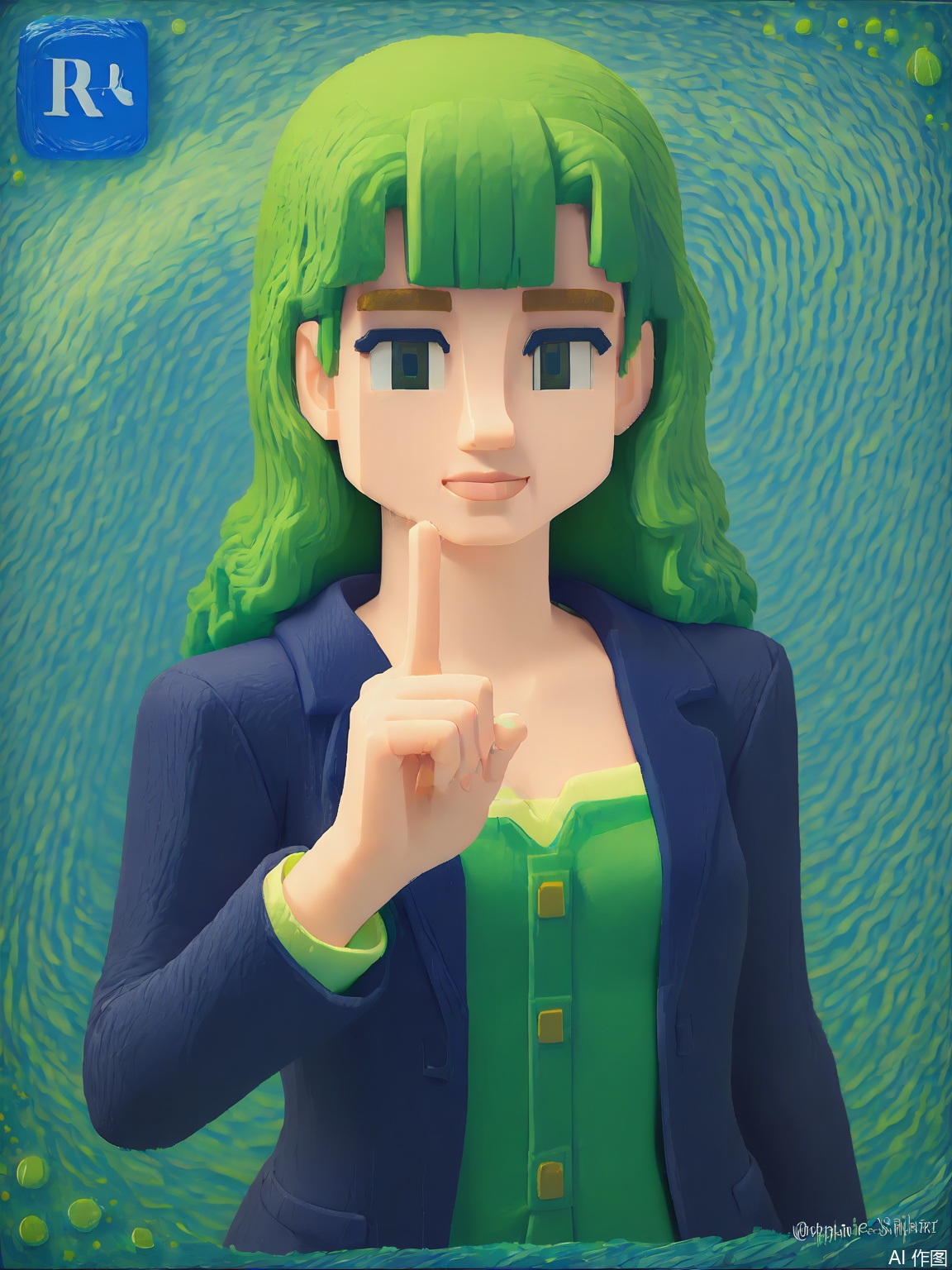 FKR, A low-polygon figure with sapphire-blue triangular hair wears a magenta blazer over a lime-green blouse. They gesture upward with one hand, fingers emitting faint light trails.

