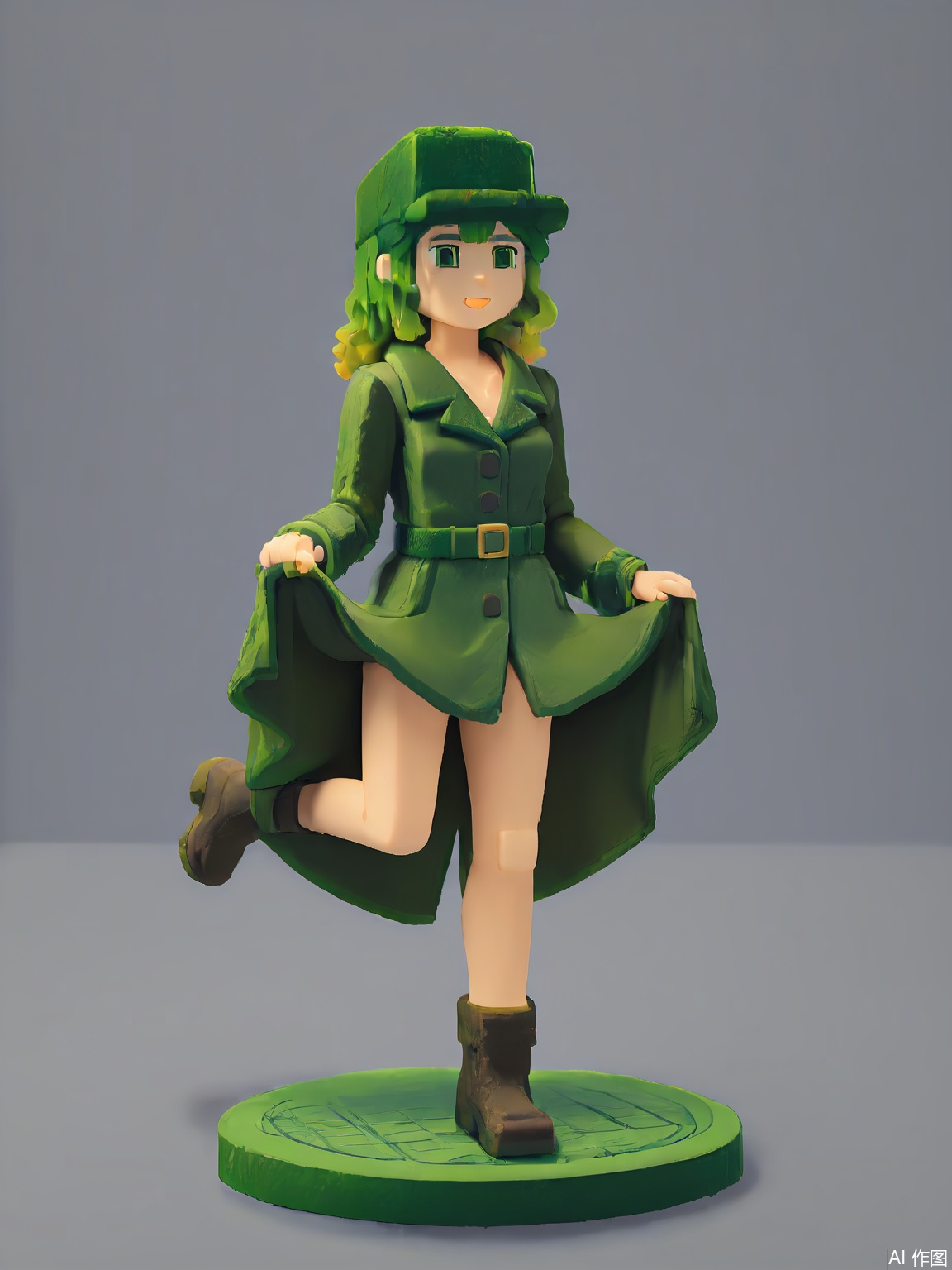 FKR, A low-poly figure with tangerine-gradient hair wears an olive-green trench coat with exaggerated lapels. They stride forward with one leg lifted, casting a faint grid-pattern shadow.

