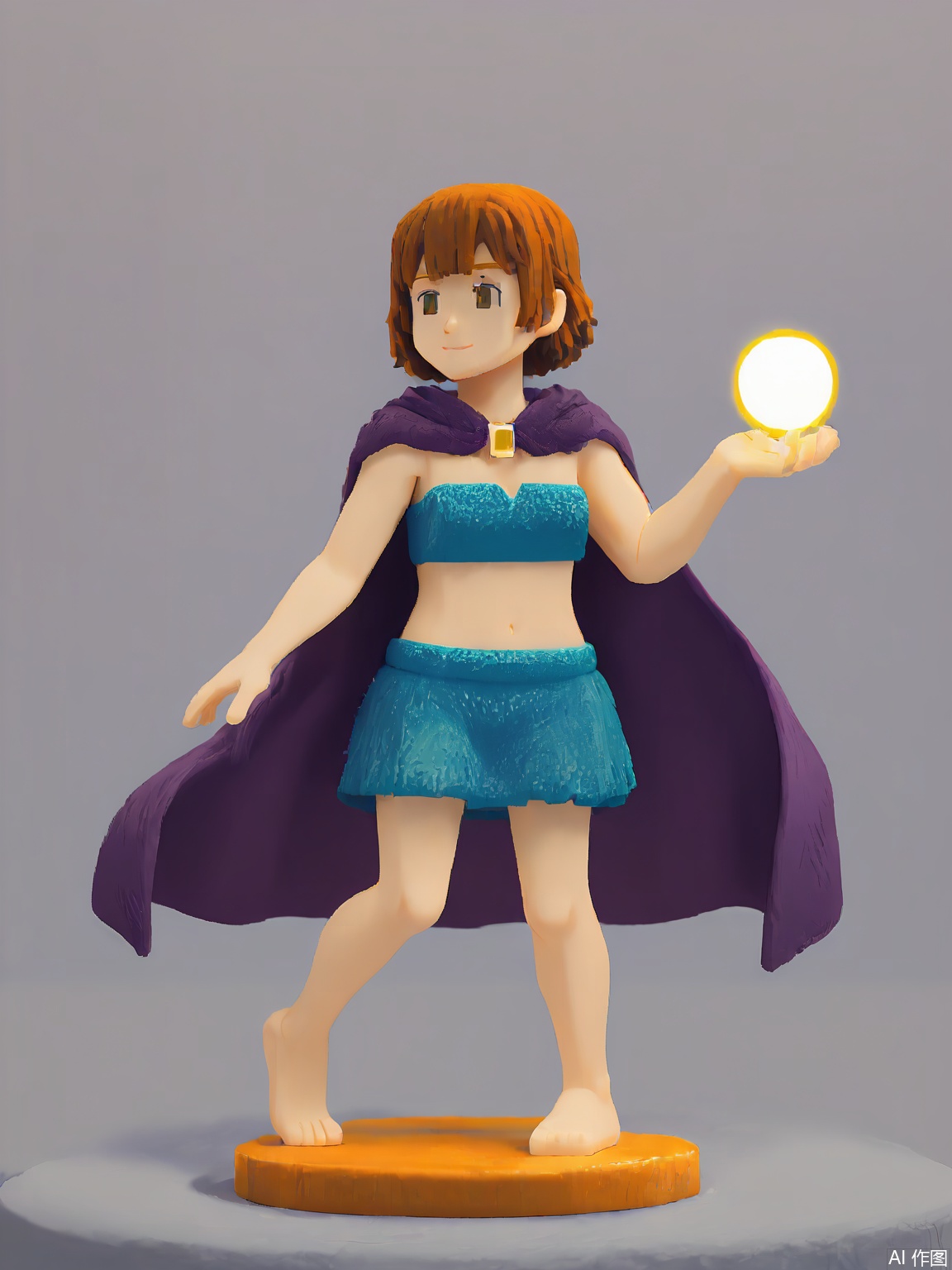 FKR, A blocky figure with amber-tinted cube hair wears a chartreuse cape with hexagonal patterns. They kneel on one leg, holding a glowing white orb that emits soft radial lines.

