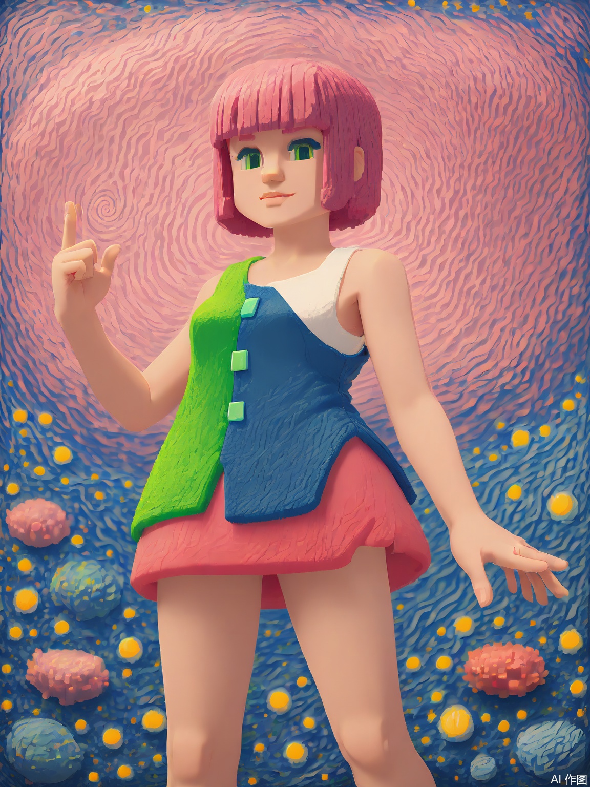 FKR, A stylized block person with coral-pink bob cut wears a neon-green asymmetrical tunic. Their right arm morphs into a floating spiral shape while the left hand gestures toward an unseen viewer.

