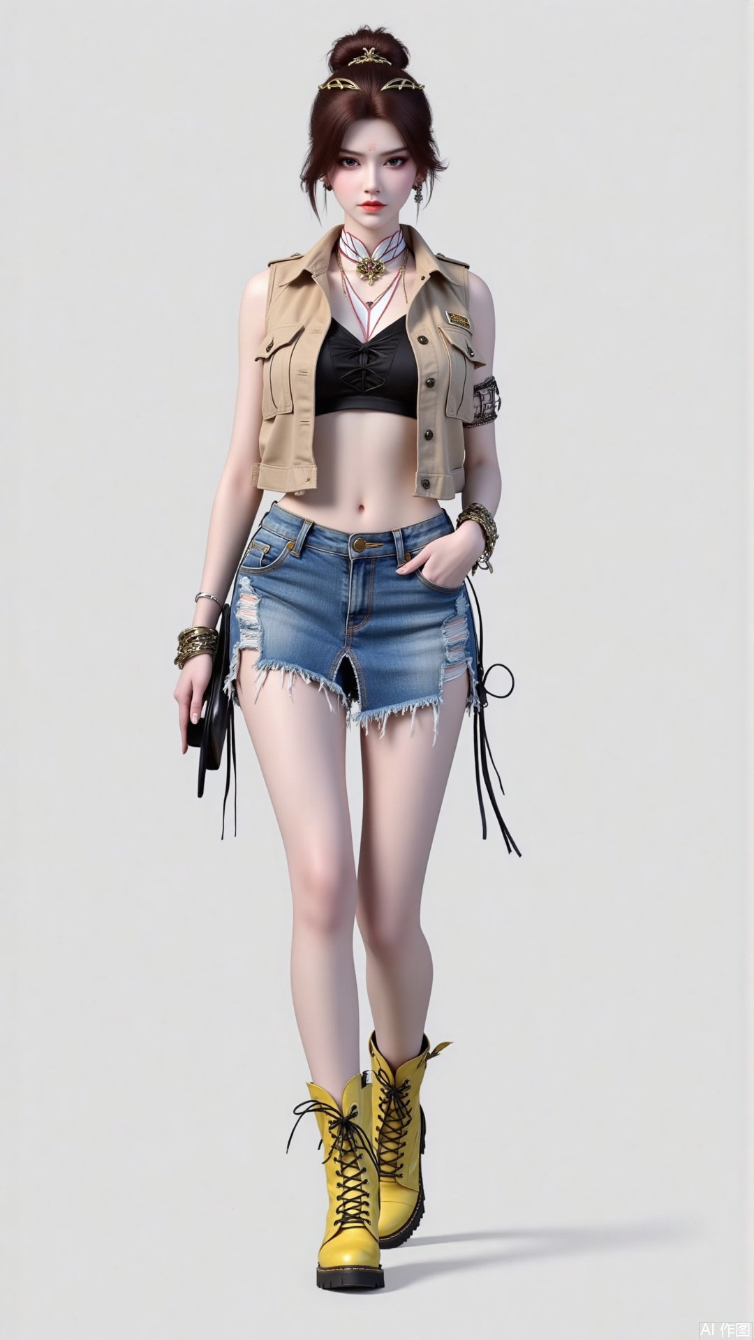 masterpiece,best quality,8K,Ultra-clear picture quality,Delicate,Exquisite,Delicate pupils,1girl,brown hair,earrings,lips,The image is a detailed illustration of a fashion model walking. The model is wearing a stylish outfit that combines elements of both casual and edgy fashion. The outfit includes a cropped beige vest with multiple pockets and a rugged, distressed denim skirt that is frayed at the edges. The skirt is paired with a black crop top that has a lace-up front.

The model is also wearing high, yellow boots adorned with various embellishments such as chains and buckles, adding to the edgy aesthetic of the outfit. The model has styled their hair in a high bun and is accessorized with multiple necklaces and bracelets, enhancing the overall look.

The background is plain and neutral, allowing the focus to remain on the model and their outfit. The illustration style is detailed and realistic, capturing the textures and details of the clothing and accessories.,,dphj