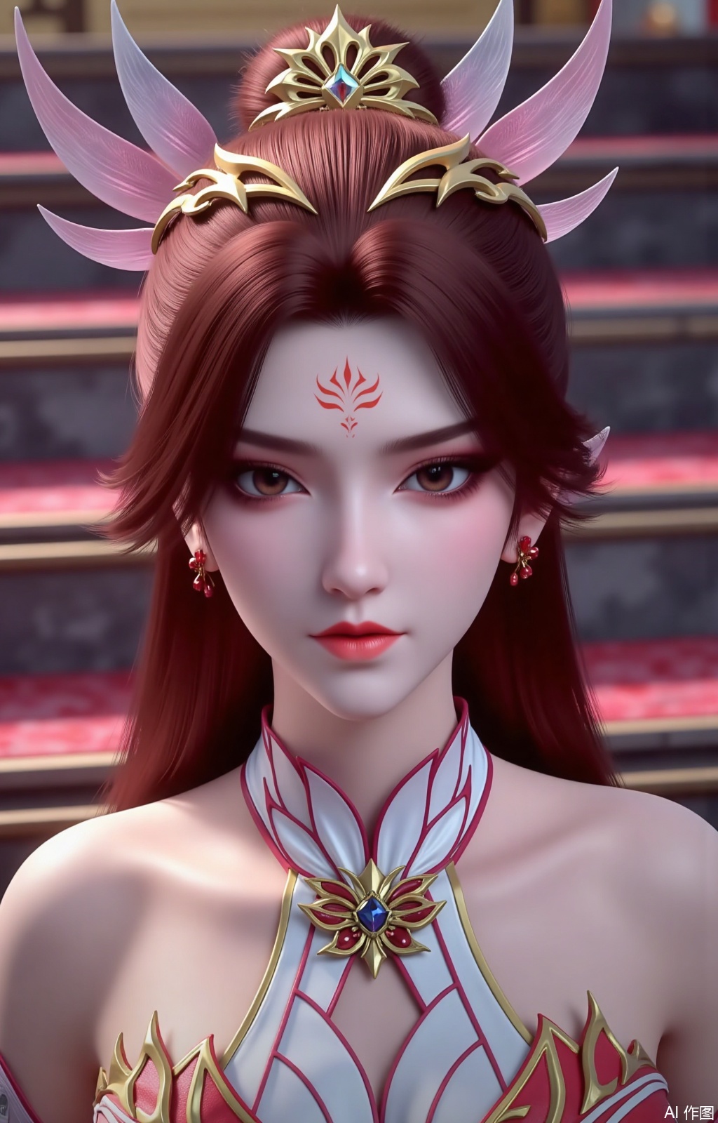 1girl, solo, long hair, looking at viewer, brown hair, hair ornament, dress, bare shoulders, jewelry, upper body, red hair, earrings, necklace, facial mark, chinese clothes, stairs, forehead mark,,dphj