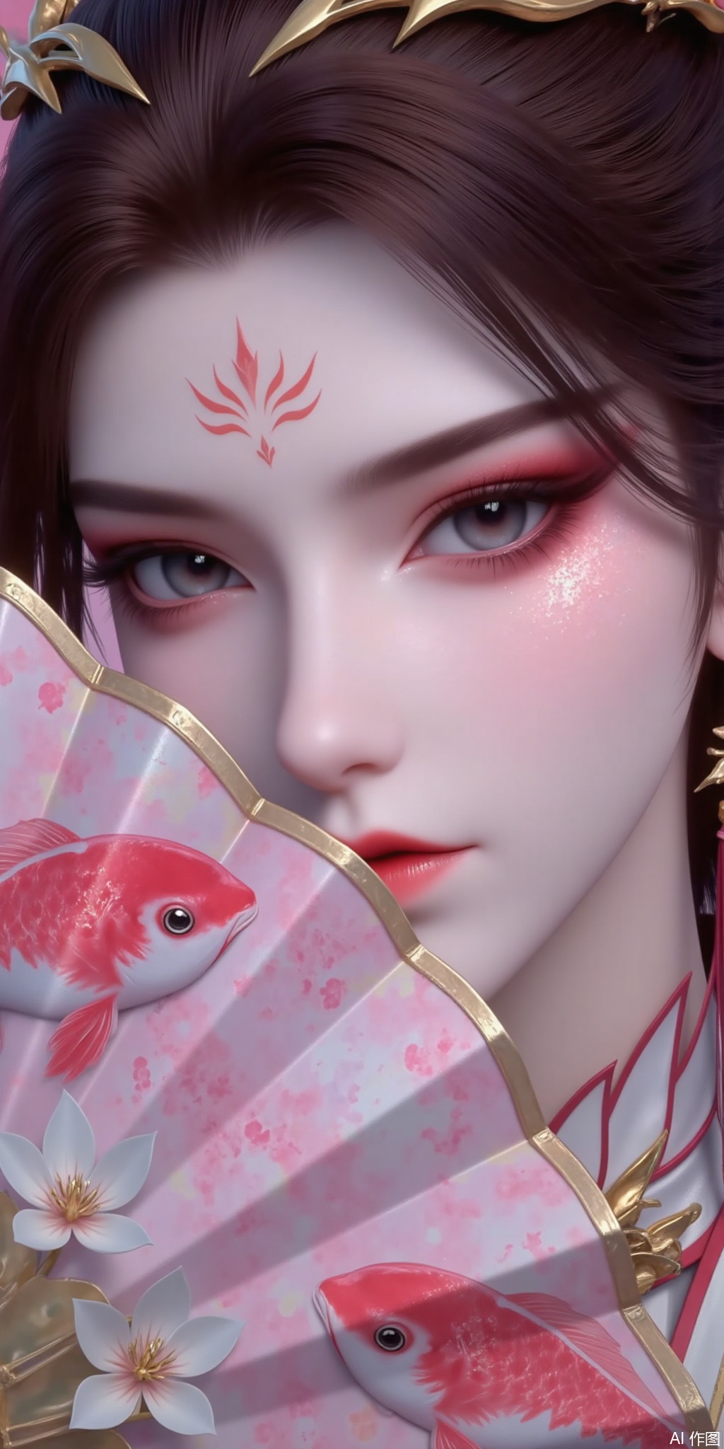 Black-haired woman, blue eyes, eye makeup with glitter pink, pink carp beside her cheeks, and a fan decorated with bamboo leaves and white flowers covers half of her face, close-up of half of her face. Wear long tassel earrings, with gem embellishments, close-ups of the face, ancient style, and beautiful style.,Xlihanyi,1girl,xb,dphj