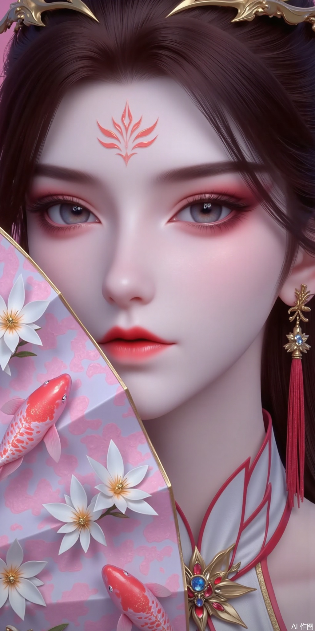 Black-haired woman, blue eyes, eye makeup with glitter pink, pink carp beside her cheeks, and a fan decorated with bamboo leaves and white flowers covers half of her face, close-up of half of her face. Wear long tassel earrings, with gem embellishments, close-ups of the face, ancient style, and beautiful style.,Xlihanyi,1girl,xb,dphj