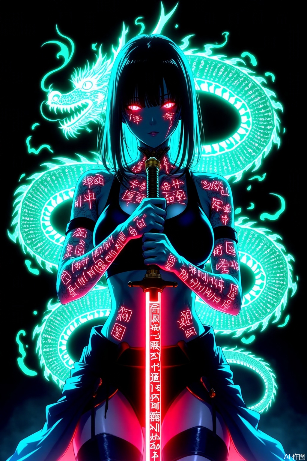 A cyberpunk - style anime female character, holding a long blade. The blade has red glowing effects and runes. The character's body is covered with fluorescent, mysterious rune tattoos, densely packed. Her eyes glow red. The background is black, surrounded by neon - green and blue - white energy - flowing effects, creating a mysterious and dangerous atmosphere. The overall image features a strong color contrast and a powerful visual impact. Her body is entwined by a fluorescent - glowing Eastern dragon.