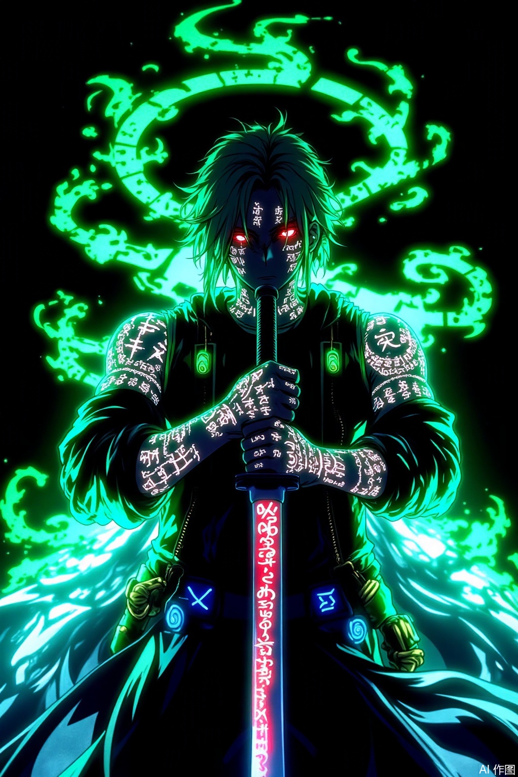 Cyberpunk - style anime character, holding a long blade with red glowing effects and runes. The character has fluorescent mysterious rune tattoos on their body, and their eyes emit a red glow. The background is black, surrounded by neon - green and blue - white energy - flowing effects, creating a mysterious and dangerous atmosphere. The overall color contrast in the picture is strong, with a powerful visual impact.