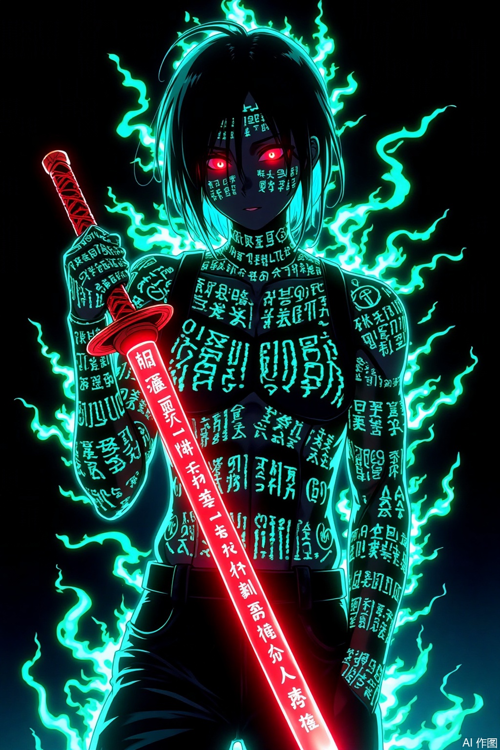 Cyberpunk - style anime character, holding a long sword. The sword has red glowing effects and runes. The character is covered with fluorescent and mysterious rune tattoos, densely packed. The eyes emit a red glow. The background is black, surrounded by neon - green and blue - white energy - flowing effects, creating a mysterious and dangerous atmosphere. The overall picture features a strong color contrast and a powerful visual impact.