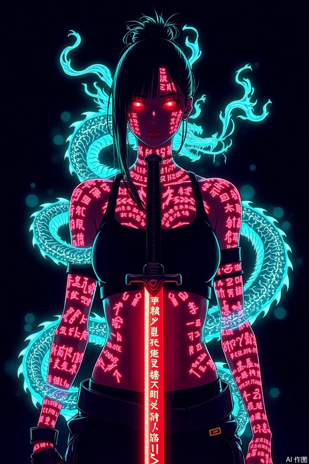 A cyberpunk - style anime female character, holding a long blade. The blade has red glowing effects and runes. The character's body is covered with fluorescent, mysterious rune tattoos, densely packed. Her eyes glow red. The background is black, surrounded by neon - green and blue - white energy - flowing effects, creating a mysterious and dangerous atmosphere. The overall image features a strong color contrast and a powerful visual impact. Her body is entwined by a fluorescent - glowing Eastern dragon.
