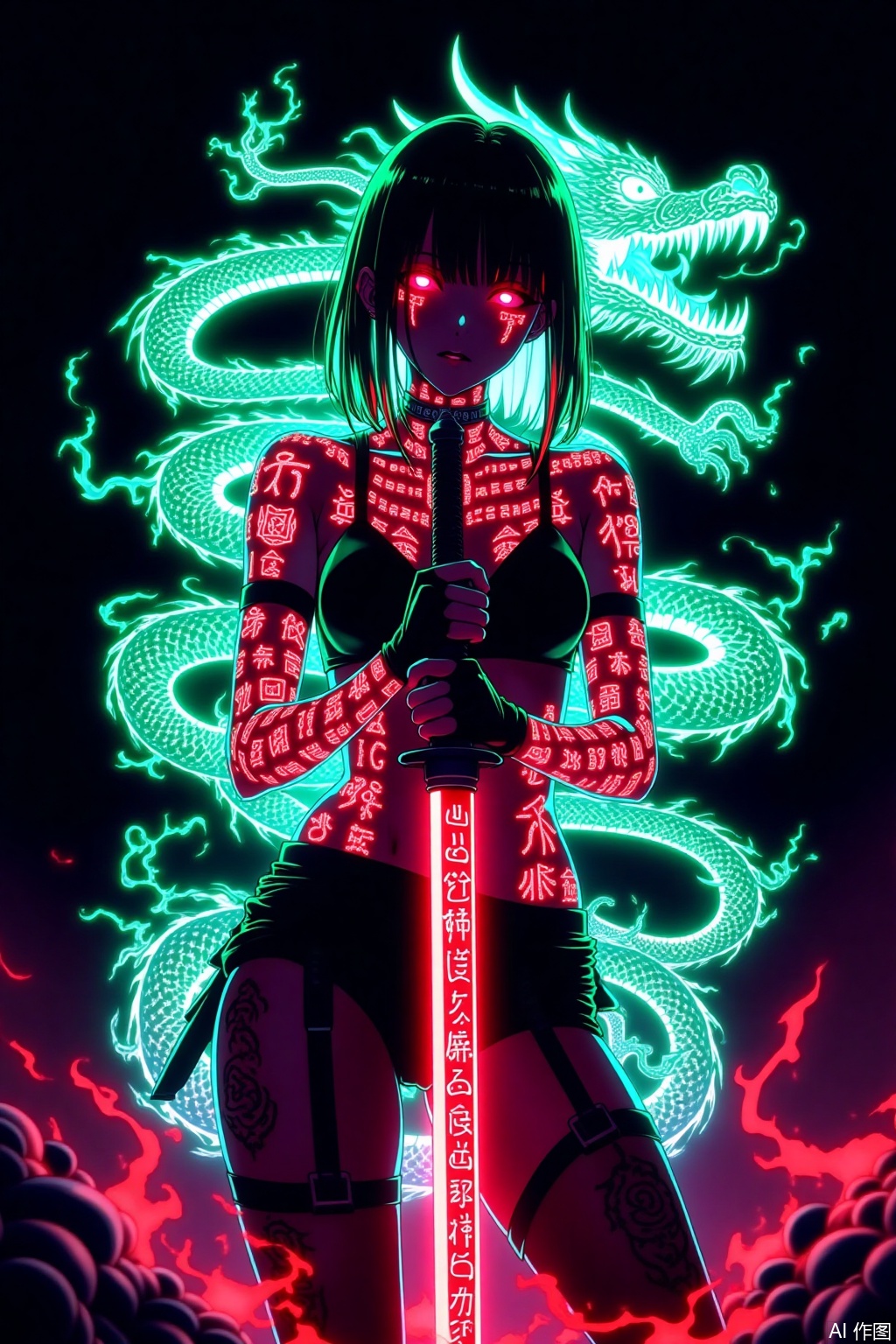 A cyberpunk - style anime female character, holding a long blade. The blade has red glowing effects and runes. The character's body is covered with fluorescent, mysterious rune tattoos, densely packed. Her eyes glow red. The background is black, surrounded by neon - green and blue - white energy - flowing effects, creating a mysterious and dangerous atmosphere. The overall image features a strong color contrast and a powerful visual impact. Her body is entwined by a fluorescent - glowing Eastern dragon.